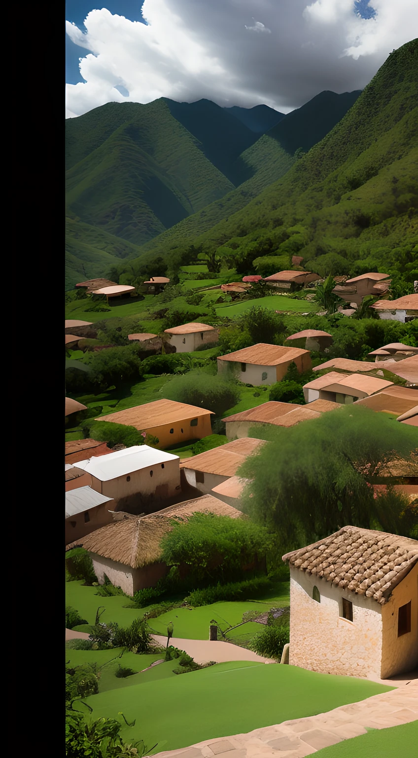 (masterpiece, 8K, photo-realistic, panoramic:1.2), secluded South American village, foothills of Andes, cobblestone streets, (old colonial-style architecture:1.2), quaint village square, bustling activity, rugged landscape, terracotta-roofed houses, (lush greenery:1.1), dramatic clouds, (soft, dappled sunlight:1.2), (aged photo texture:1.2), rich sepia tones, evocative, diagonal shot.