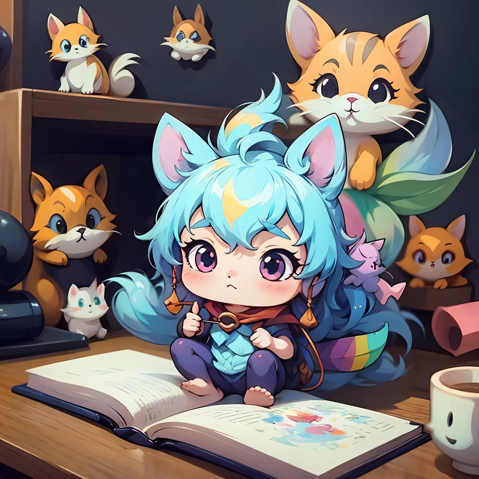 uma raposa sentada em um quarto com fones de ouvido, livros espalhados, Adorable Digital Anime Version, arte digital detalhada bonito, Papel de parede aconchegante, raposa estilo anime tipo Chibi, bela arte anime, anime fanart detalhado, 4k, arte detalhada anime,