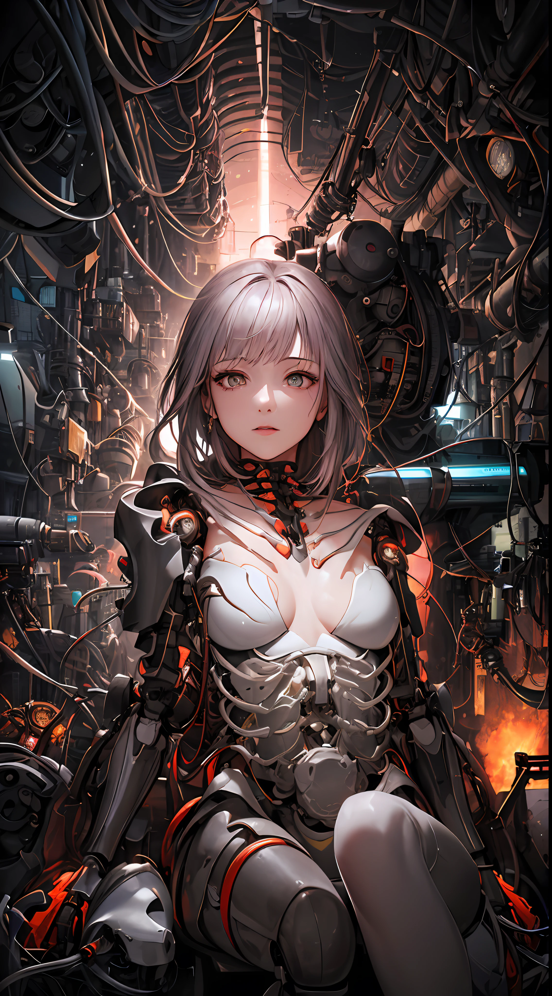 (((Masterpiece)))), (((Highest Quality)))), ((ultra resolution)), (Very Detailed Photoreality), ((very delicate and beautiful)), (Delicate and beautiful face), cinematic light, (((1 girl)), 独奏, full - body, Big, Cleavage Is Visible Skin, white colored hair, violet eyes, Glow Eyes, Thighs Exposed Skin, (mechanical joints: 1.4), (Mechanical Limbs)), ( blood vessels, connected to tubes), (((Mechanical vertebrae, attached to the back)), ((cervical vertebrae of the machine) attached to the neck)), ((sitting)), expressionless, (Wires and cables, attached to the head and body: 1.5), (character focus), small LED lamps on the body, Ghost in the Shell, Sci-fi, Metal, metallic body, detailed neon, hydraulic cylinder