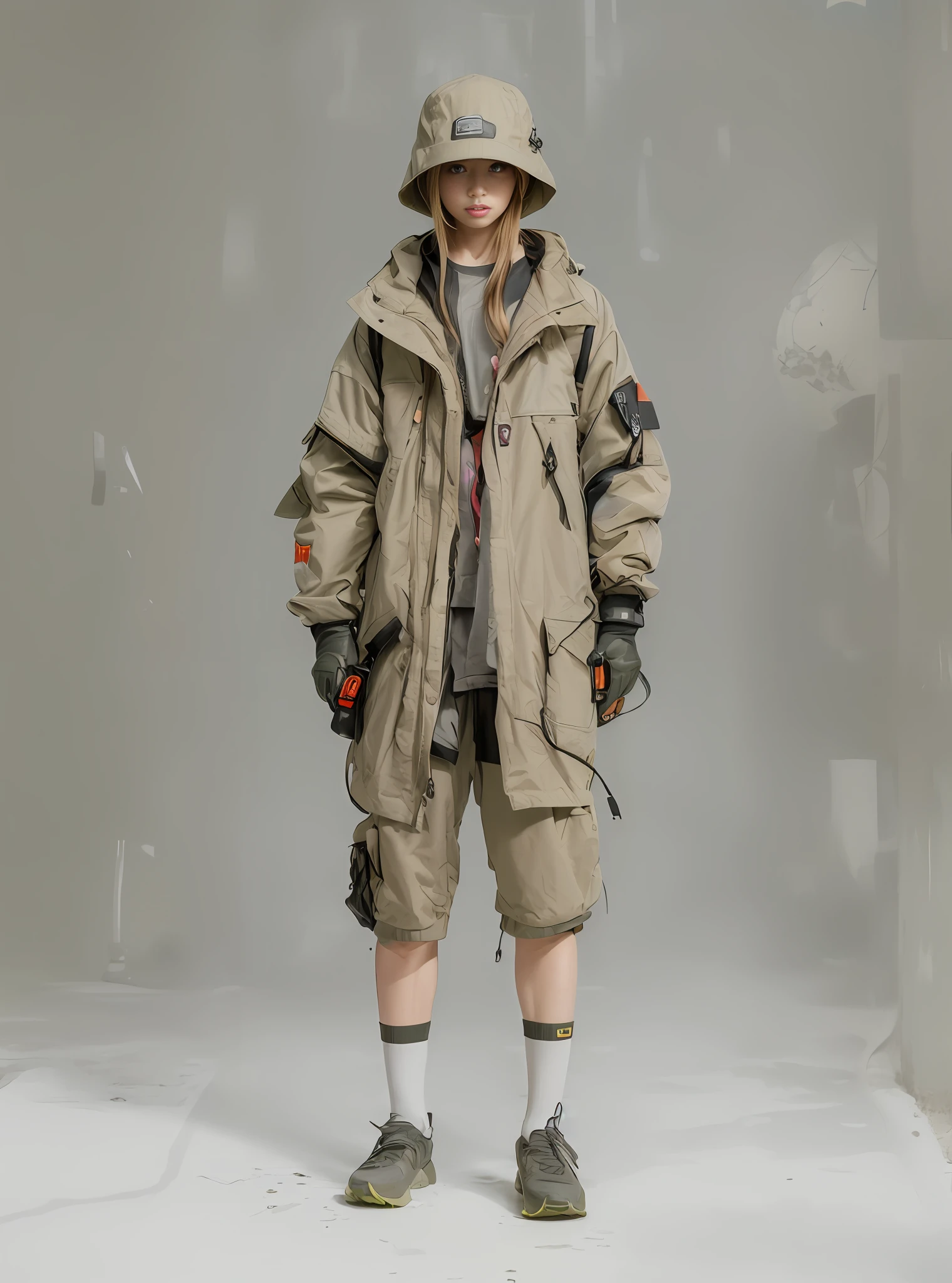 (acronym:1.2, tech wear:1.2, studio photography:0.9, hamcus:1.1), mesh jacket or vest, detailed and textured fabricks (worn by the model), dark and moody lighting, minimalistic background, futuristic vibe.