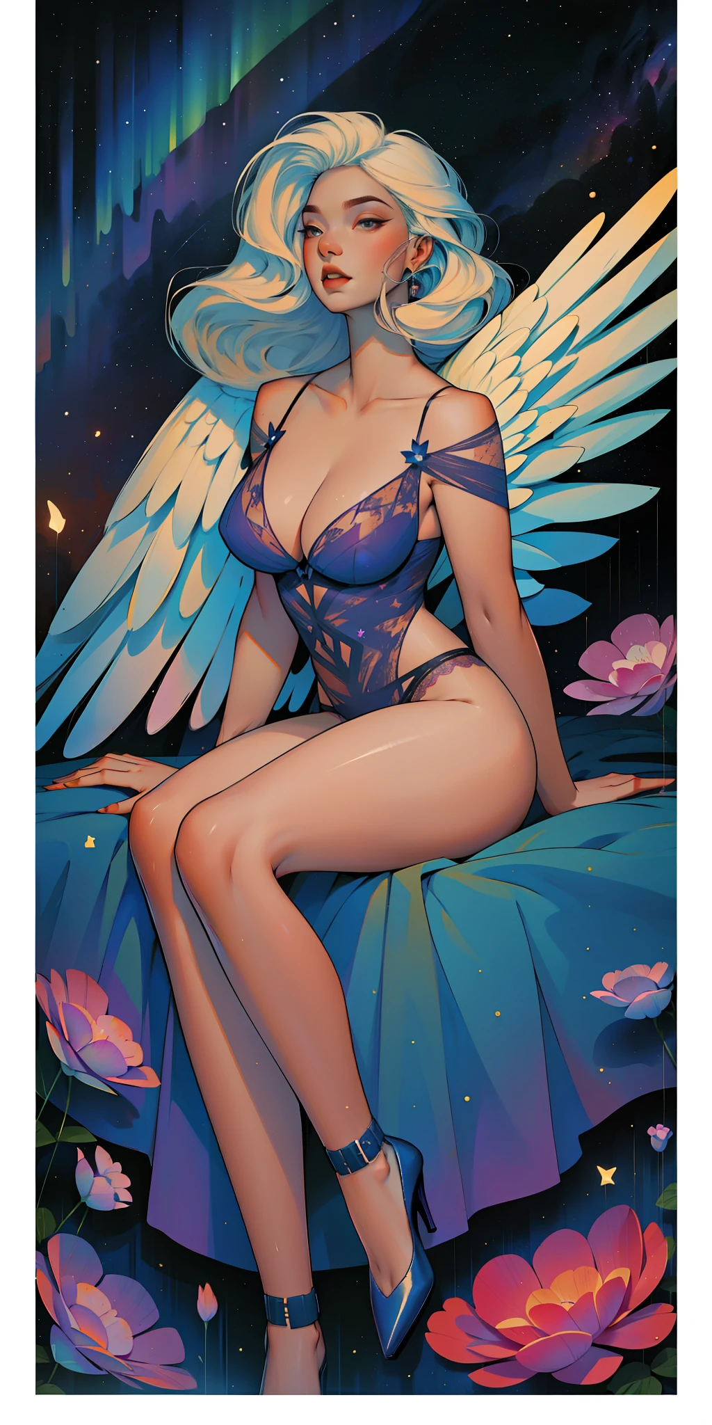 a goddess, A glorious sunrise, aura, glow, multi-colored bright aurora borealis, Spectrum Rainbow,Colored Angel Wings, feathers, In a chic, lavender white mint hair, pastel, mixed-language_SMS, (beautiful and clear background:1.2),, fantastic paintings , olhos altamente detalhados, crystals, outer space, galaxy, Gorgeous hair, Background Flora Peony, poppy, hydrangea, Plants. Loving. Love. ultra detailed hair, Best Quality, hig quality, high resolucion, detail enhancement, ((most beautiful image in the world)), Masterpiece, Best Quality, High Quality Detail Enhancement, ((most beautiful image ), Shiny hair, Ultra chic lace panties, Stampa Flores, art by stjepan sejic, art by j scott campbell, art by guillem march, art by citemer liu, 4k, high resolucion, comic book character, comic, high quality detailed, style of ::2.0 comix illustration style,tatoon style, hig quality, high resolucion, detail enhancement, 8K, HD, Best Quality, hig quality, high resolucion, detail enhancement, 8K, HDR, Sharp focus, Ultra Detailed, perfect lighting, Curvy Body, Lush big breasts, Curvy big hips, On Bed, high heels,, sparks, Stars, The Cycle of the Stars