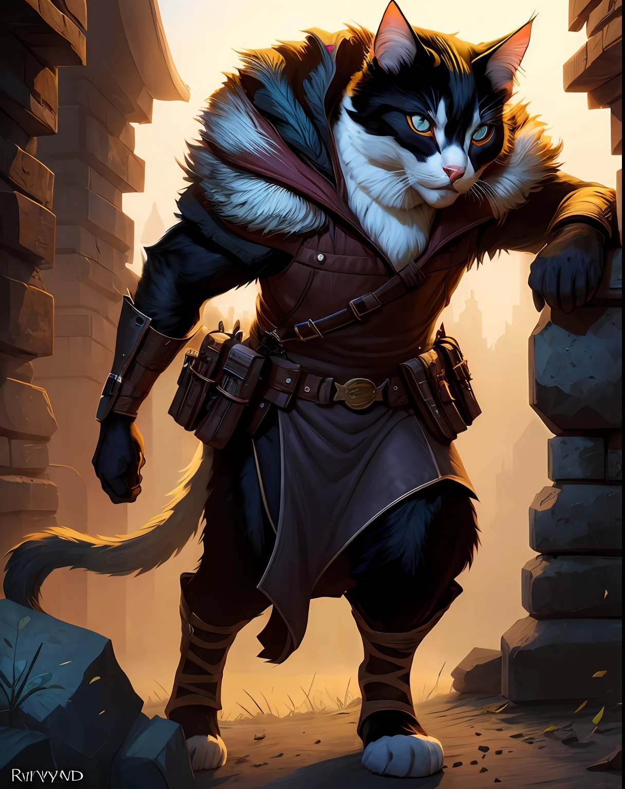 catfolk,1boy, male catfolk, cat face, detailed and extremely fluffy body fur, fluff, cat tale, stripe, brush stroke style, concept art, artstation, trending, highly detailed, art by greg rutkowski, art by Greg Rutkowski, art by Wayne Reynolds, art by Brian Valeza, art by Michele Esposito, masterpiece, best quality,