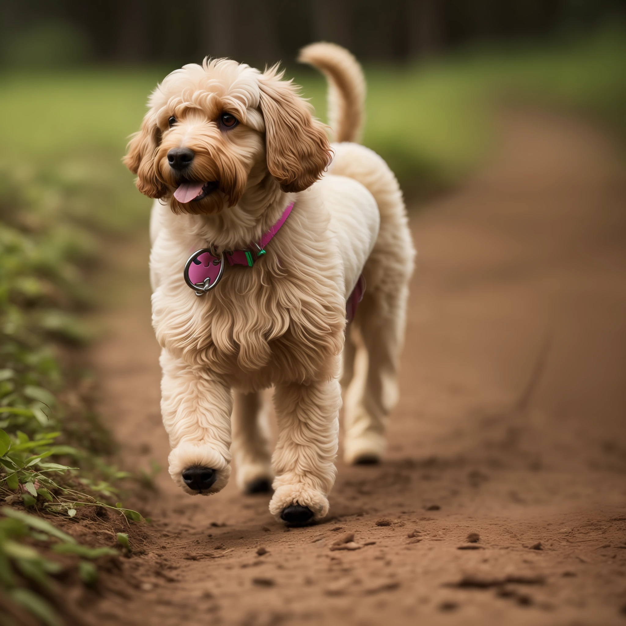 Um filhote de cachorro poodle marrom, muito fofo, correndo na floresta iluminada (((hiper realista)))