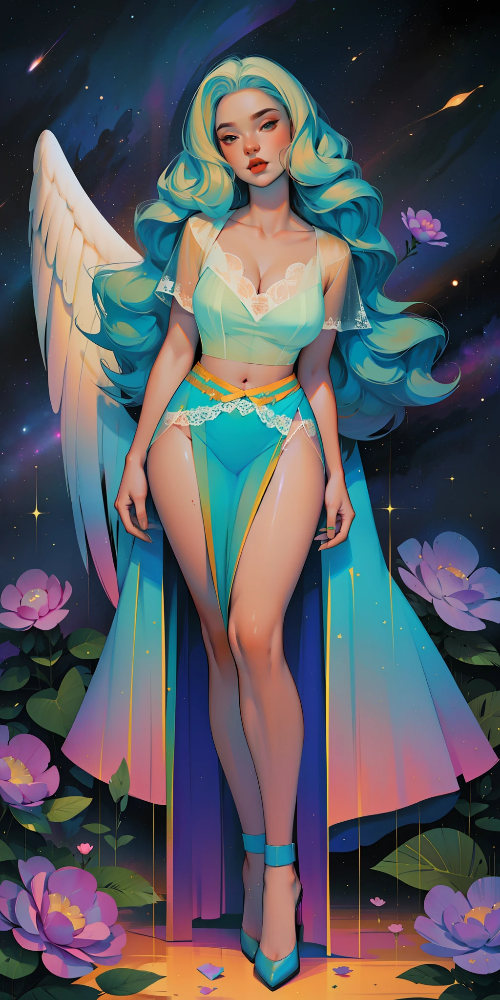 a goddess, A glorious sunrise, aura, glow, multi-colored bright aurora borealis, Spectrum Rainbow,Colored Angel Wings, feathers, In a chic, lavender white mint hair,  pastel, mixed-language_SMS, (beautiful and clear background:1.2),, fantastic paintings , olhos altamente detalhados, crystals,   outer space, galaxy, Gorgeous hair, Background Flora Peony, poppy, hydrangea, Plants. Loving. Love. ultra detailed hair, Best Quality, hig quality, high resolucion, detail enhancement, ((most beautiful image in the world)), Masterpiece, Best Quality, High Quality Detail Enhancement, ((most beautiful image ), Shiny hair, Ultra chic lace panties, Stampa Flores, art by stjepan sejic, art by j scott campbell, art by guillem march, art by citemer liu, 4k, high resolucion, comic book character, comic, high quality detailed,   style of ::2.0 comix illustration style,tatoon style, hig quality, high resolucion, detail enhancement, 8K, HD, Best Quality, hig quality, high resolucion, detail enhancement, 8K, HDR, Sharp focus, Ultra Detailed, perfect  lighting, Curvy Body, Lush big breasts, Curvy big hips, On Bed, high heels,, sparks, Stars, The Cycle of the Stars