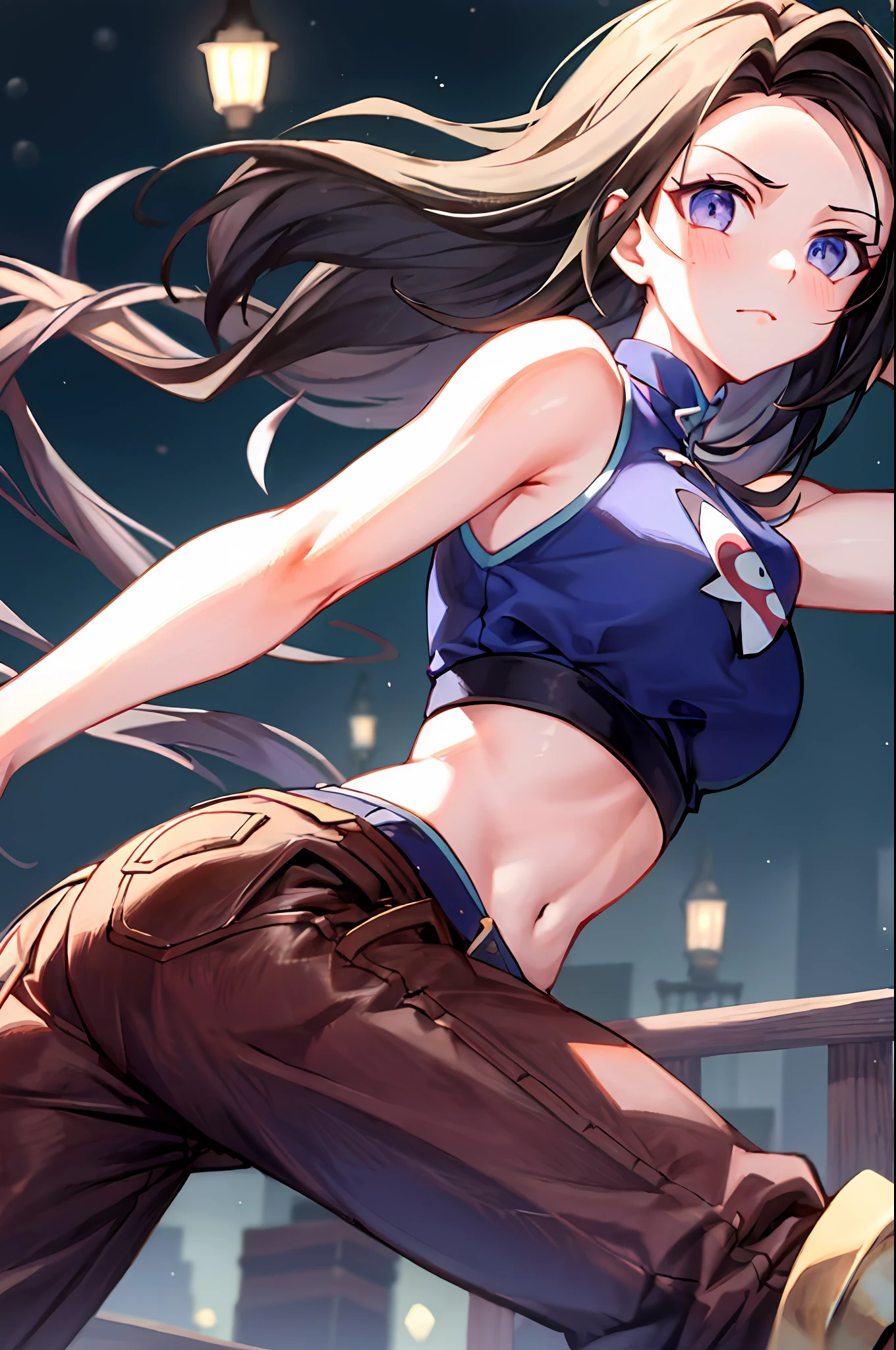 Nezuko de demon slayer, Mejor calidad, (belleza), obra maestra, 1 little girls, phisically-based render, ultra-highresolution, cintura estrecha, flaco, ojos grandes, piernas largas, (pechos normales), ojos hinchados, noche, (ciudad lluviosa), piel brillante, frente al espectador, postura de lucha, (close fist), Firm expression,