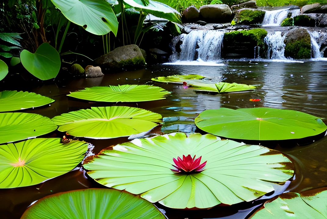 arafed water lily pads in a pond with a waterfall in the background, lily pads, green lily pads, waterlily pads, lily pad, lotus pond, waterlily pond, lying on lily pad, Water lilies, lagoa com sapos e lilypads, Nymphaea, waterlily mecha nymphaea, aquatic plants, lotuses