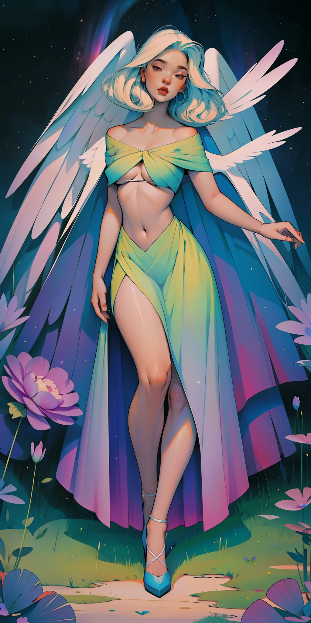 a goddess, A glorious sunrise, aura, glow, multi-colored bright aurora borealis, Spectrum Rainbow,Colored Angel Wings, feathers, In a chic, lavender white mint hair, pastel, mixed-language_SMS, (beautiful and clear background:1.2),, fantastic paintings , olhos altamente detalhados, crystals, outer space, galaxy, Gorgeous hair, Background Flora Peony, poppy, hydrangea, Plants. Loving. Love. ultra detailed hair, Best Quality, hig quality, high resolucion, detail enhancement, ((most beautiful image in the world)), Masterpiece, Best Quality, High Quality Detail Enhancement, ((most beautiful image ), Shiny hair, ultra chic bikini, Stampa Flores, art by stjepan sejic, art by j scott campbell, art by guillem march, art by citemer liu, 4k, high resolucion, comic book character, comic, high quality detailed, style of ::2.0 comix illustration style,tatoon style, hig quality, high resolucion, detail enhancement, 8K, HD, Best Quality, hig quality, high resolucion, detail enhancement, 8K, HDR, Sharp focus, Ultra Detailed, perfect lighting, Curvy Body, Lush breasts, Curvy hips, On Bed, high heels,, sparks, Stars, The Cycle of the Stars