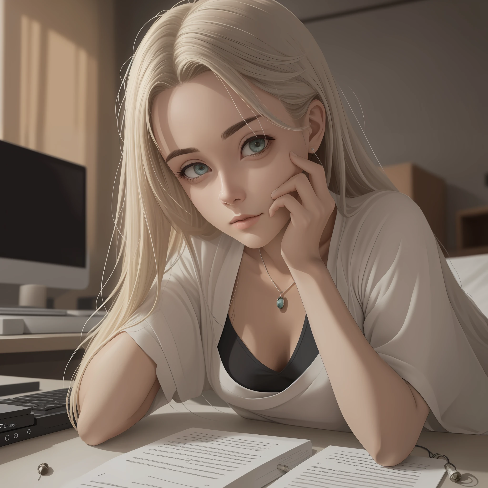 ((7.5k, melhor qualidade de imagem, epic lens :1.3)), Uma mulher com cabelosescuros longos, olhos cinzentos e um ligeiro tom azulado, um rosto com detalhes super altos, olhos extremamente delicados, epic exquisite character art, not so bright lights on in a dim room, lying next to the desk to write homework with the sentence "FactosFixes", the room is opaque, the light of the computer is very large, os olhos olham para baixo, olhe para a tela