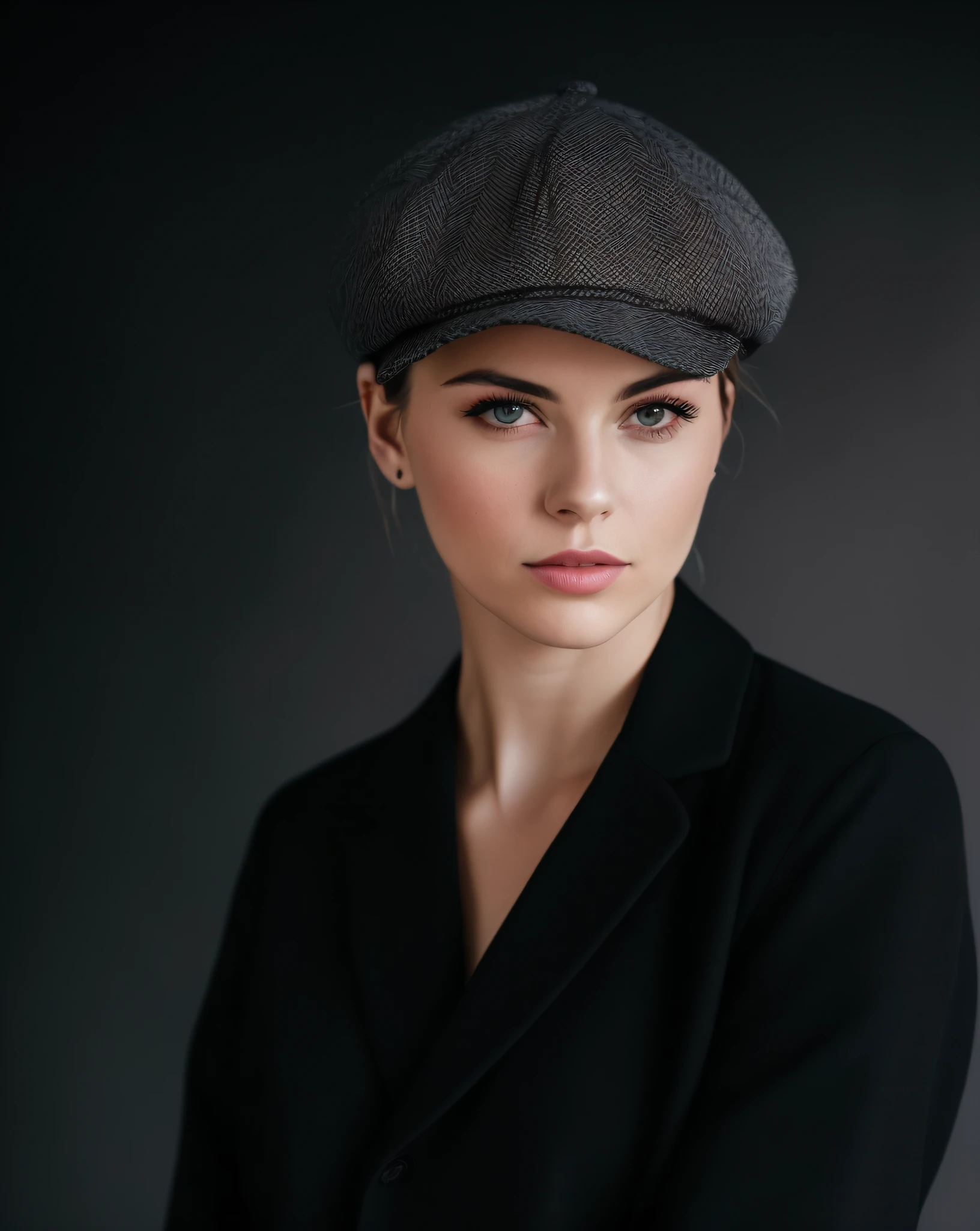arafed woman in a black coat and hat posing for a picture, 7 0 mm portrait, 60mm portrait, high quality portrait, 50mm portrait, close up portrait photo, portrait fashion model, fashion portrait, sharp looking portrait, 1 3 5 mm nikon portrait, portrait of a beautiful model, wearing newsboy cap, editorial portrait, fine art portrait photography
