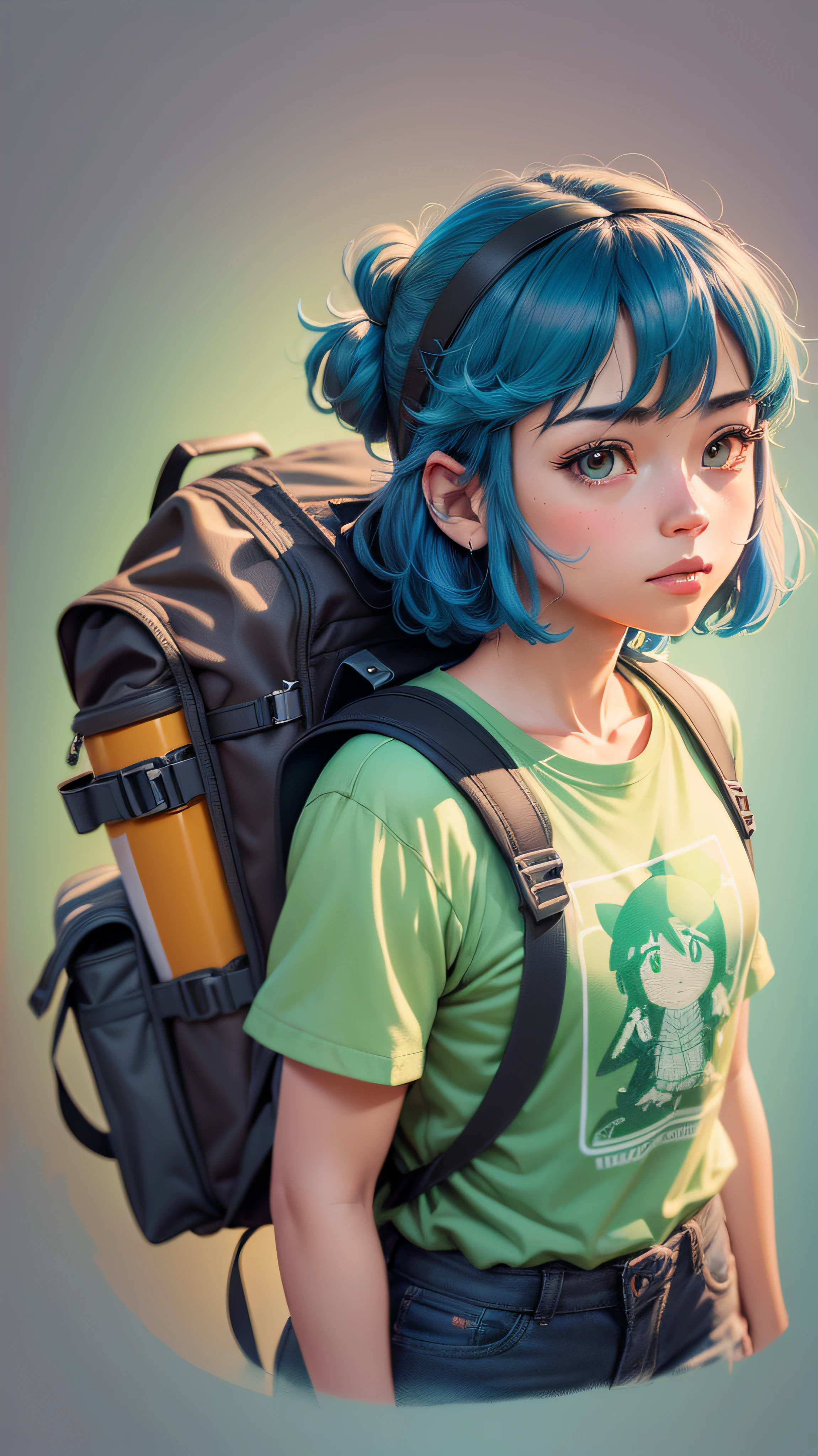 A detailed illustration of a hiker, wearing a backpack, style cartoon, colors, two-dimensional, planar vector, character design, T-shirt design, stickers, colorful splashes, and T-shirt design, Studio Ghibli style, soft tetrad color, vector art, fantasy art, watercolor effect, Alphonse Mucha, Adobe Illustrator, hand-painted, digital painting, low polygon, soft lighting, aerial view, isometric style, retro aesthetics, focusing on people, 8K resolution, using Cinema 4D --auto