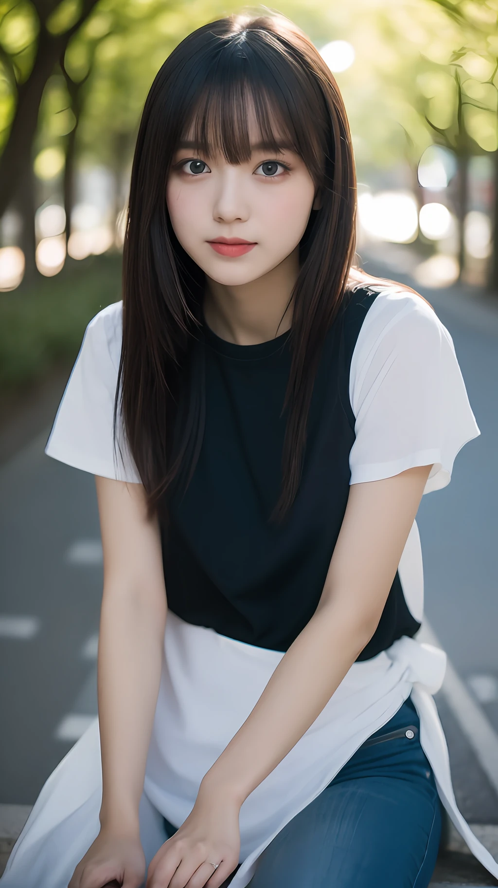 (8K, 4K, Best Quality, High Definition, Ultra High Definition: 1.1), (Masterpiece, Realistic, Photorealistic: 1.1), One Girl, Japan Person, Cute, College Student, Black Hair Short, White Short Sleeves, Background Blur, Light Clothing