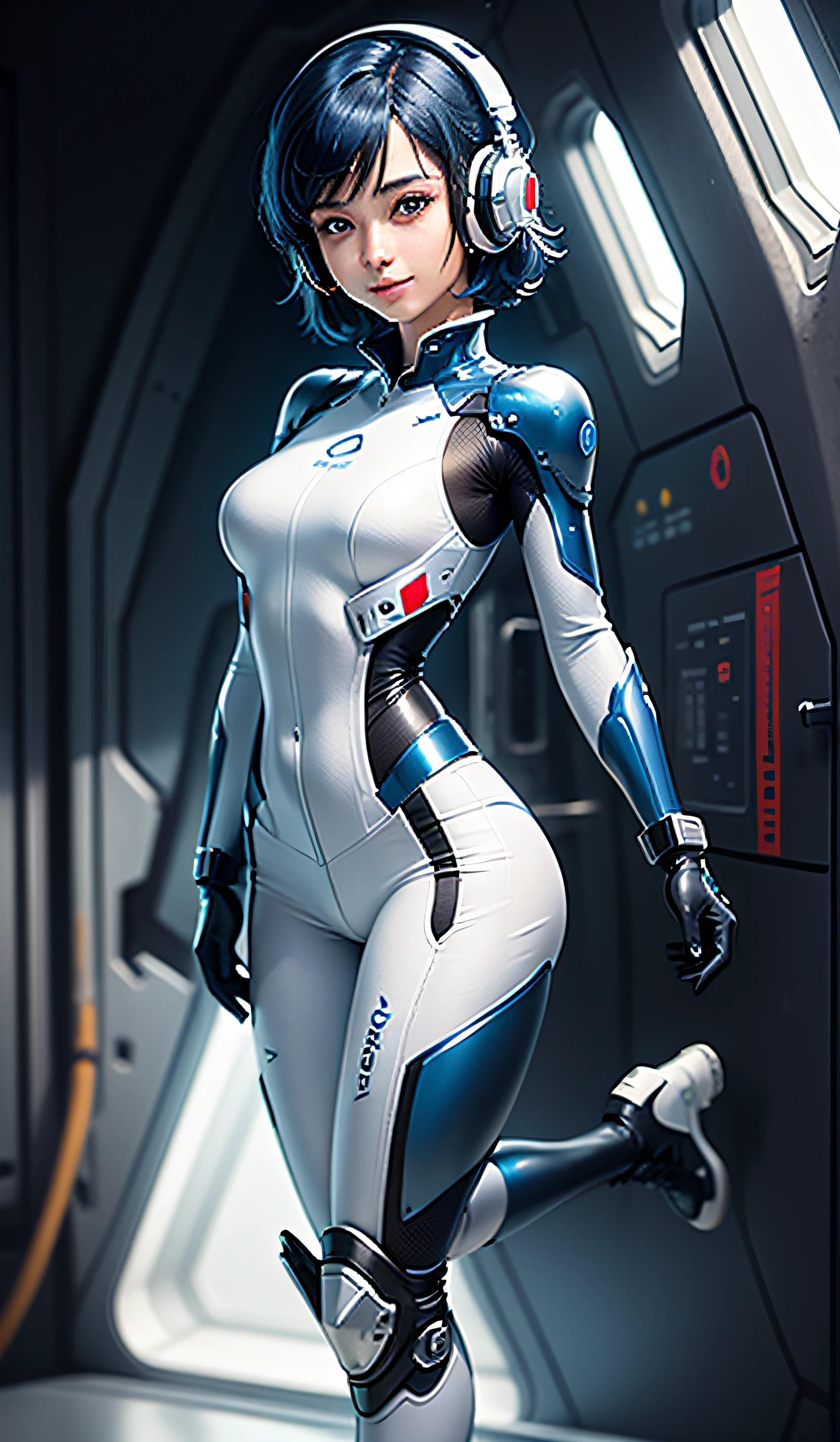 (masterpiece, highest quality, highest resolution, distinct_image, detailed details): (Solo, lone girl, face is Japan person, short cut, blue-haired girl, full body figure, (perfect body: 1.4), sparkly blue color eyes, pilot suit in white and blue color, tight fit clothes, clothes covering the whole body, very delicate and beautiful, detailed skin, slim body, exoskeleton, Gentle smile, heroine, headset, boots), on board of the spaceship