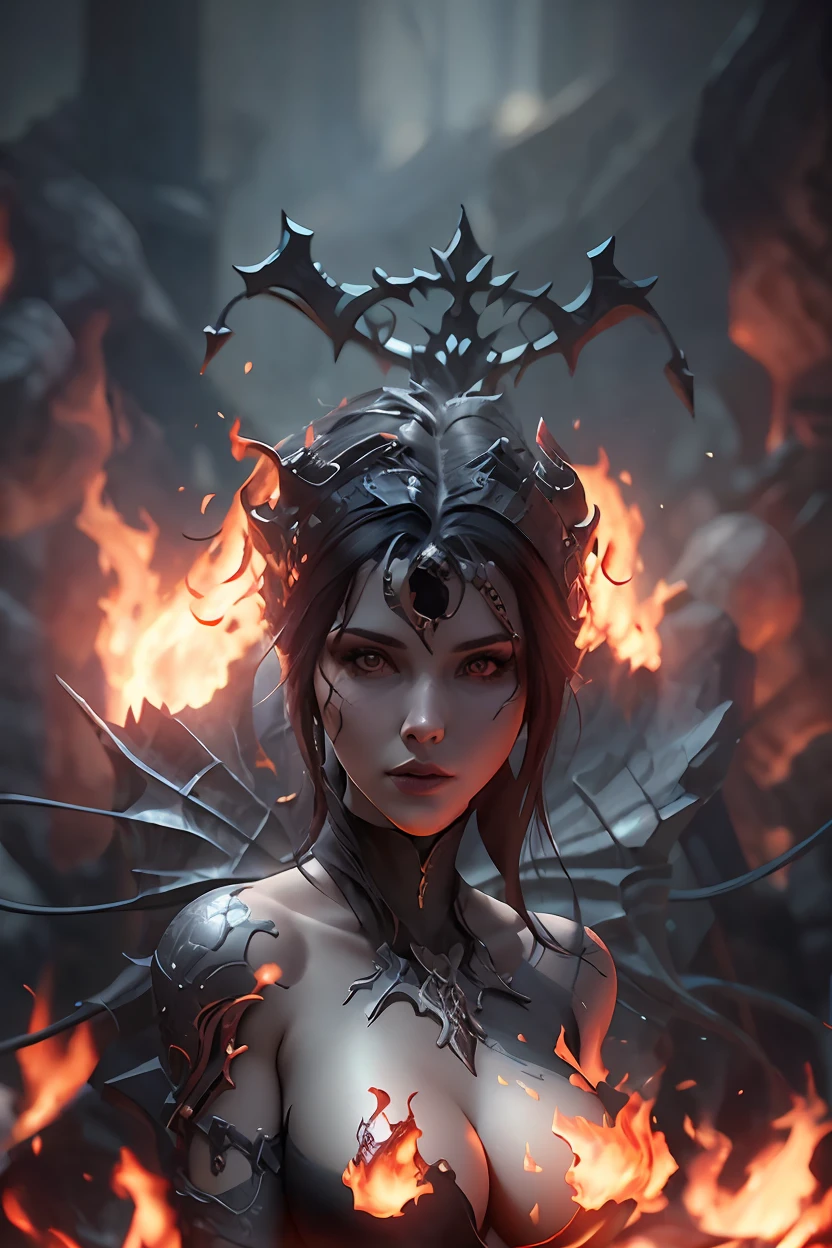 a close up of a woman with a fire on her chest, unreal engine render + a goddess, Artstation contest winner, 4k highly detailed digital art, diablo 4 lilith, 4k detailed digital art, artstation 4k, woman made of black flames, cgsociety contest winner, dark fantasy style art, 4k fantasy art, best of artstation