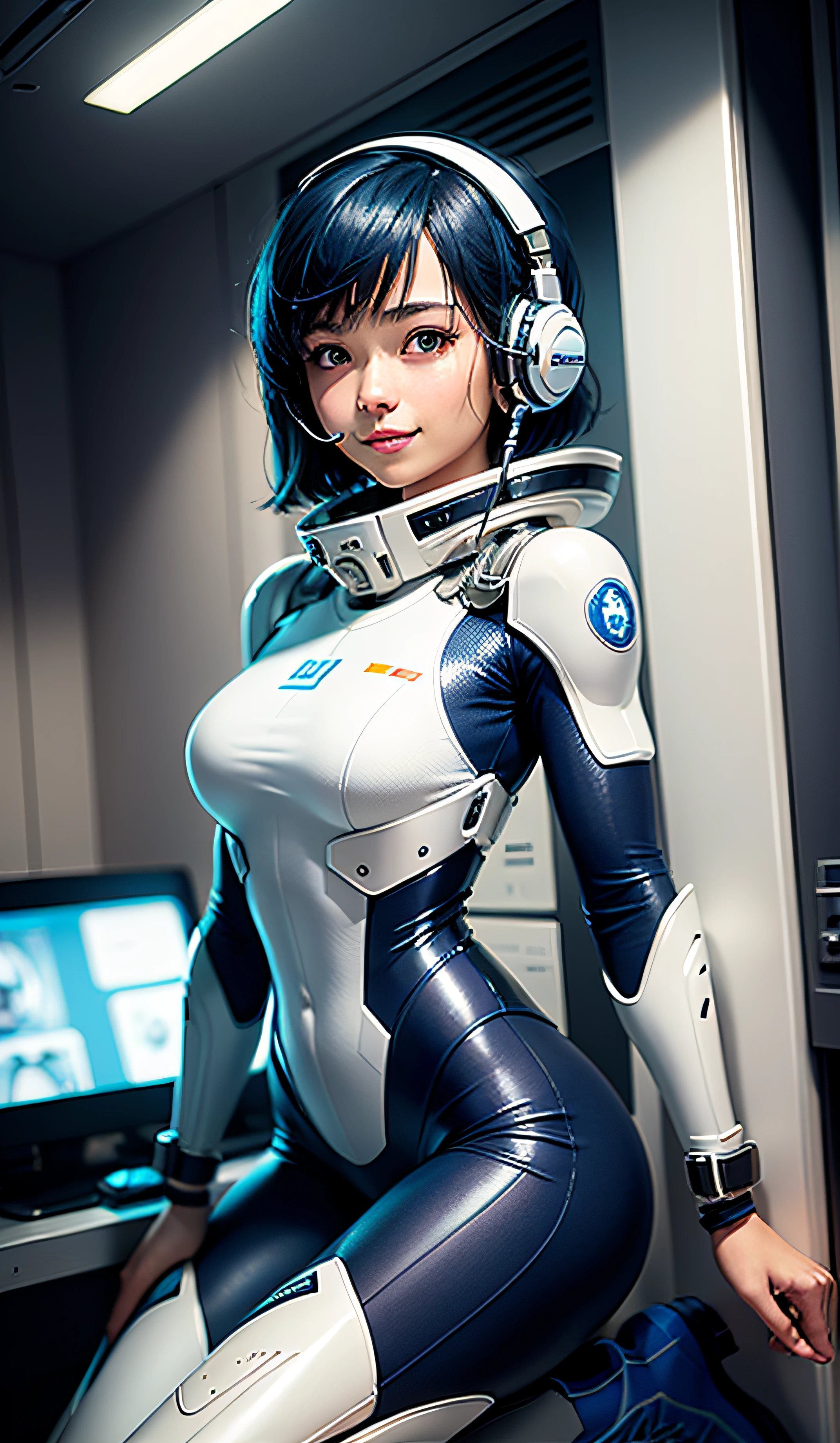 (masterpiece, highest quality, highest resolution, distinct_image, detailed details): (Solo, lone girl, face is Japan person, short cut, blue-haired girl, full body figure, (perfect body: 1.4), sparkly blue color eyes, pilot suit in white and blue color, tight fit clothes, clothes covering the whole body, very delicate and beautiful, detailed skin, slim body, exoskeleton, Gentle smile, heroine, headset, boots), on board of the spaceship