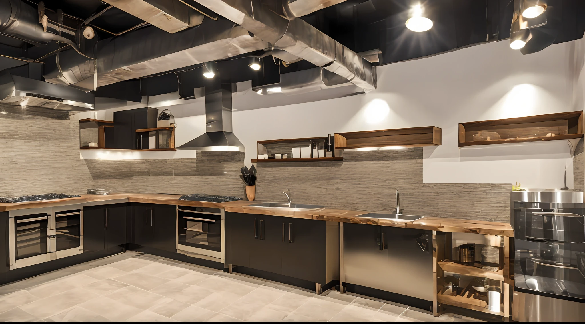 Cozinha industrial de restaurante, ultrarrealista |, 8k, clear, coifa, cooktop, porcelanato, sem pessoas ou animais, totalmente iluminado, advertising lighting, frame na horizontal