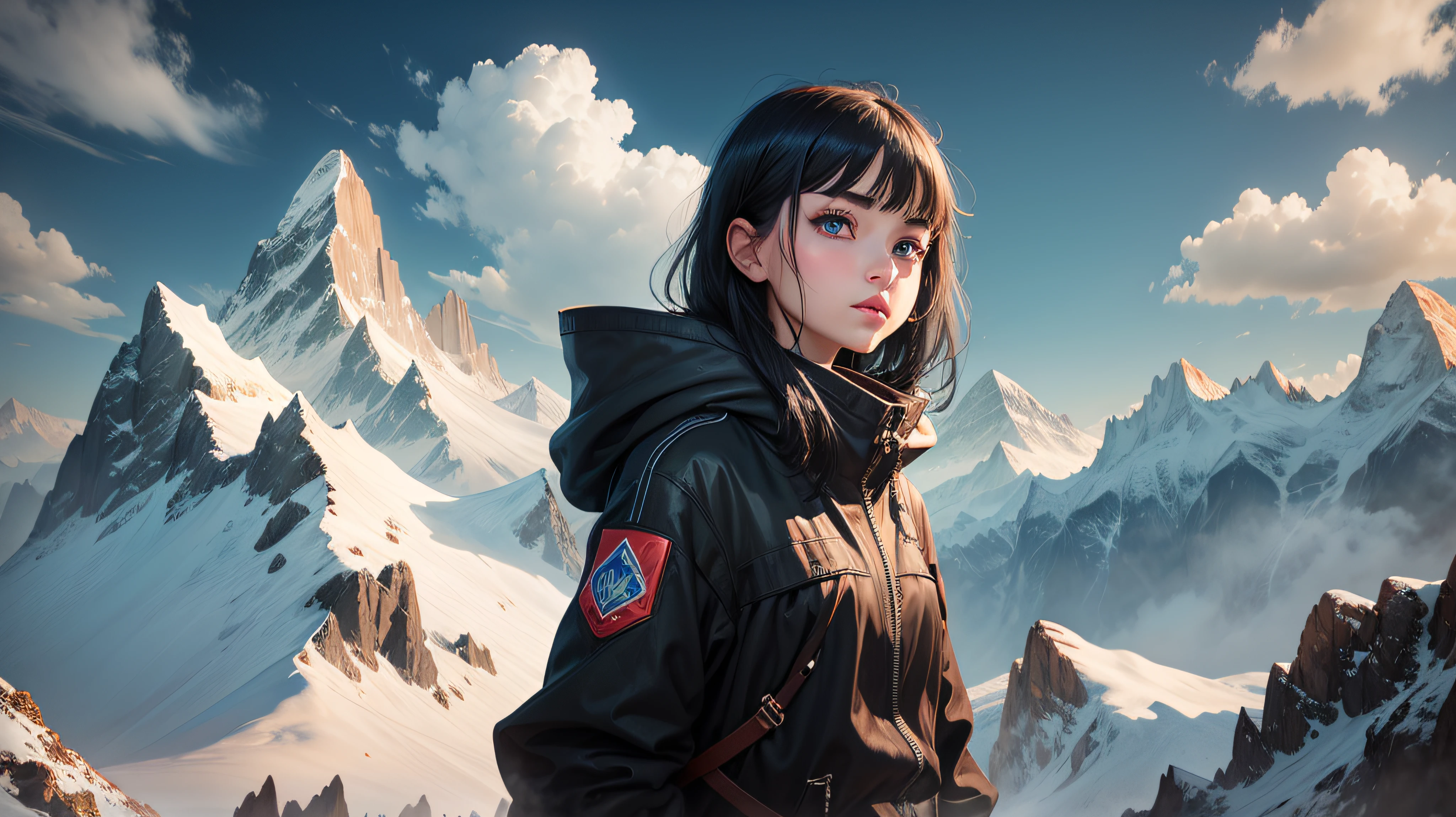 A detailed illustration of a hiker, wearing a backpack, style cartoon, colors, two-dimensional, planar vector, character design, T-shirt design, stickers, colorful splashes, and T-shirt design, Studio Ghibli style, soft tetrad color, vector art, fantasy art, watercolor effect, Alphonse Mucha, Adobe Illustrator, hand-painted, digital painting, low polygon, soft lighting, aerial view, isometric style, retro aesthetics, focusing on people, 8K resolution, using Cinema 4D --auto