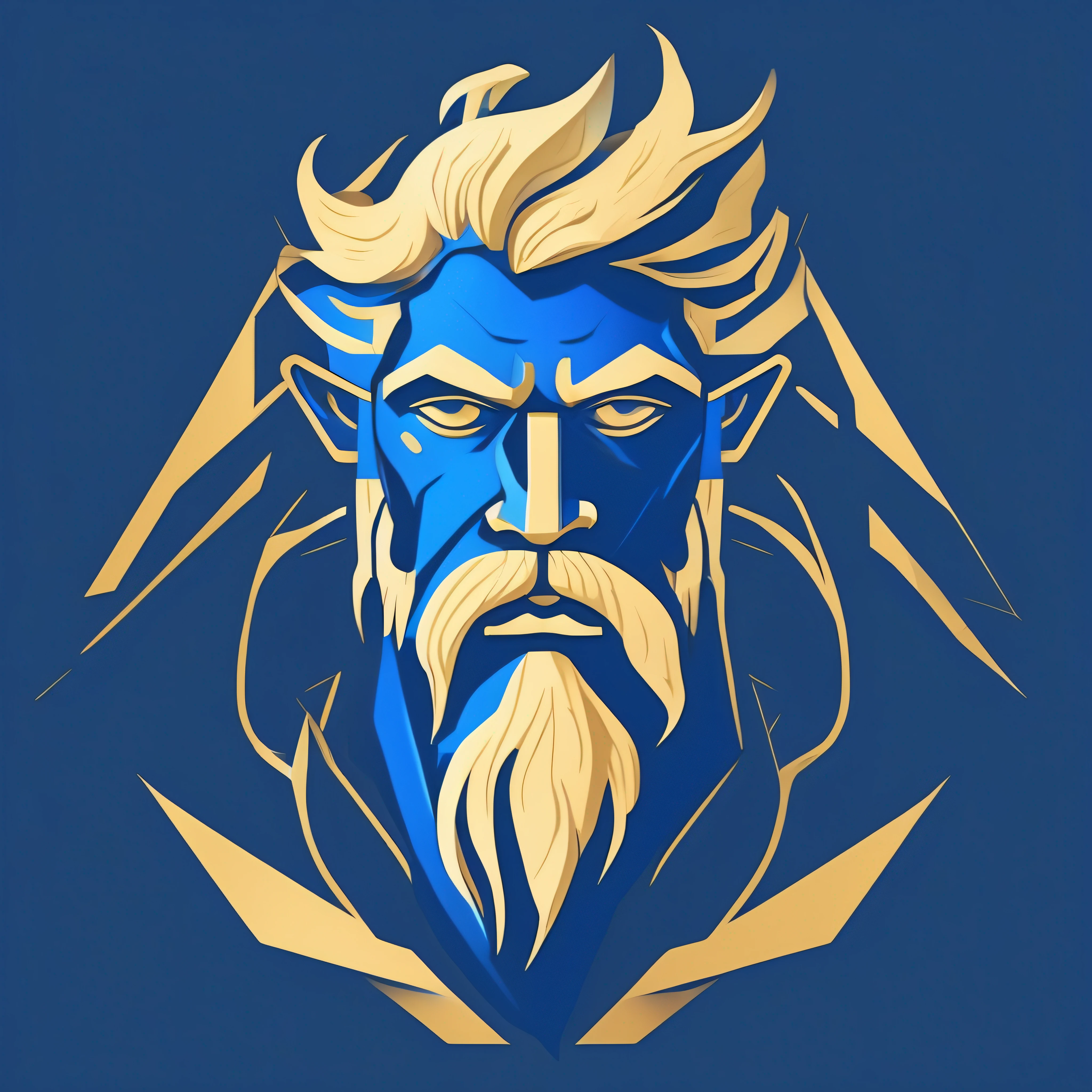 Logotipo minimalista de Zeus inspirado no estilo de James Jean. Plain and simple icon depicting Zeus with sharp lines and defined outlines. Paleta de cores de azul profundo e dourado reluzente. Elegant typography and consistent spacing. Powerful combination of mythological elements and artistic aesthetics