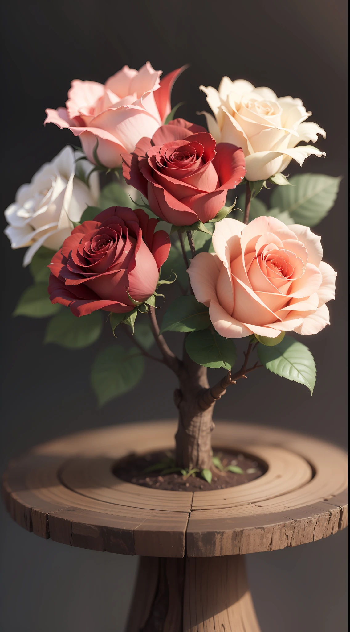 Three red roses, three white roses in tree,rose,dark background,high resolution,high quality