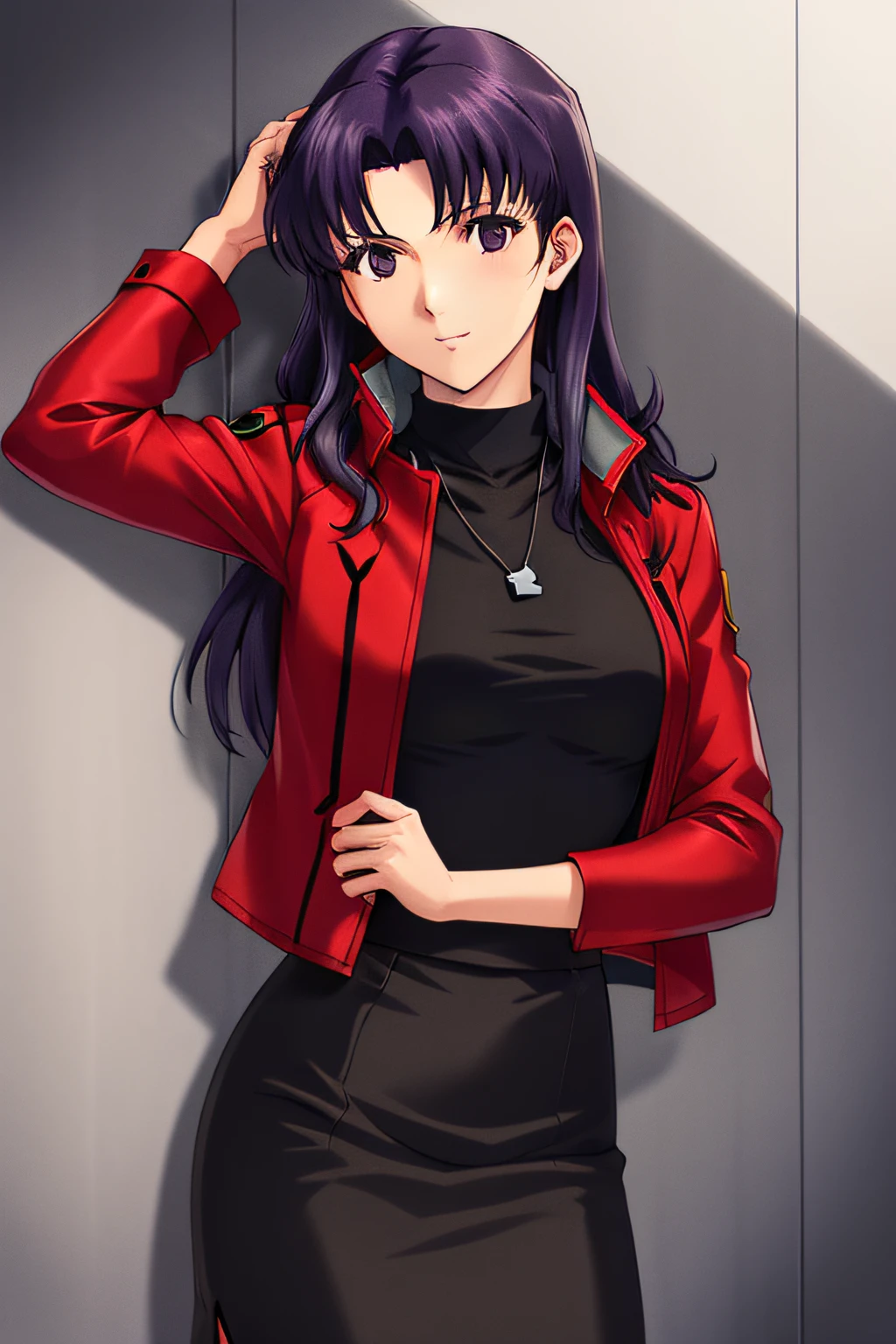 Katsuragi_Misato, 
1girl, solo, purple_hair, long_hair, katsuragi_misato, pencil_skirt, skirt, jacket, red_jacket,
high detail,Cinematic light, intricate detail,highres, high detail,detailed,best quality,