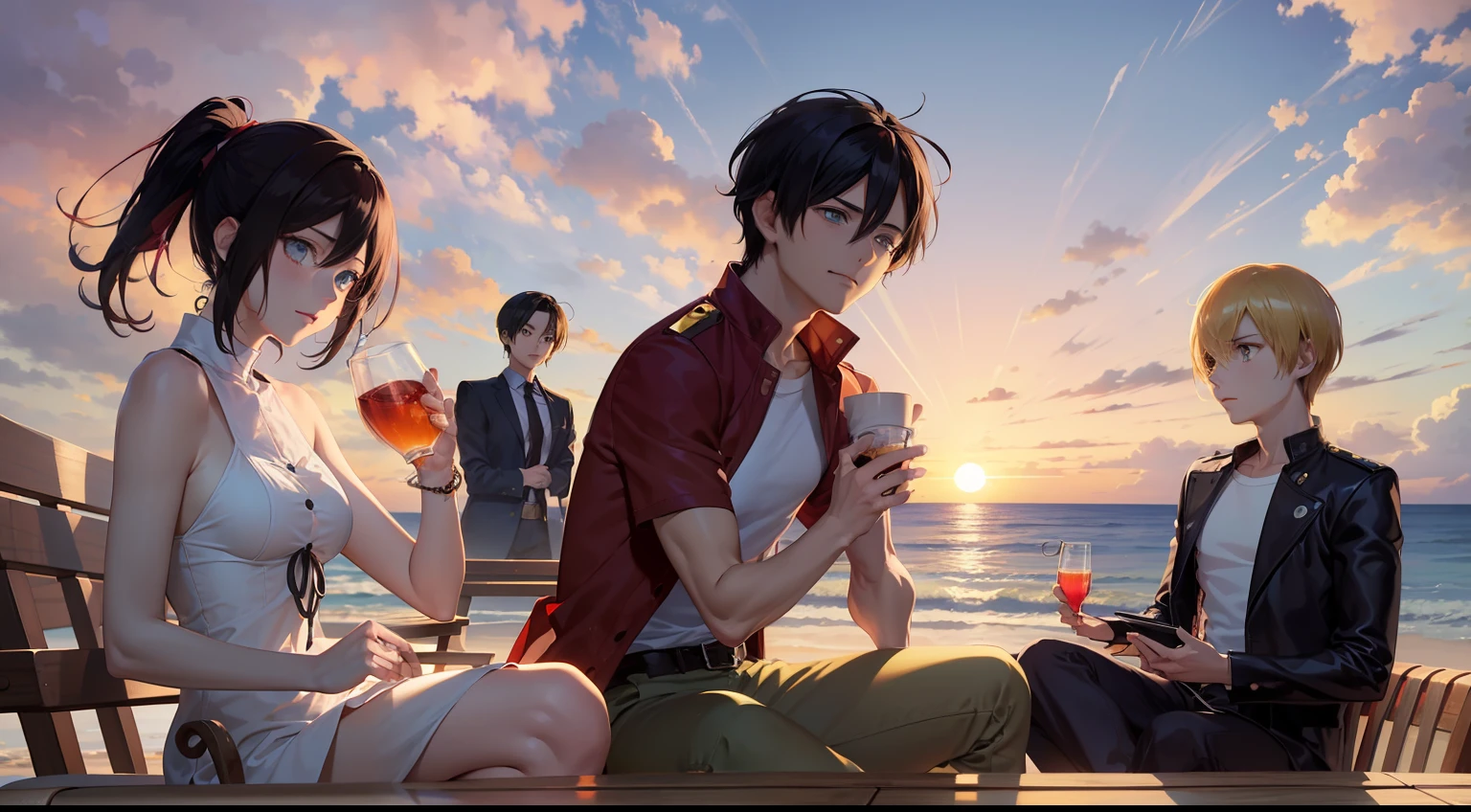 A bright, fiery red sunset welcomes Eren Yeager, Mikasa Akerman, Armin Arlet, Captain Levi and Hanji Zo, On the seashore, Mikasa and Armin are having fun while Eren watches them sitting on rocks far away from them, Hanji is with Levi and drinking tea on an impromptu chaise longue, ((anime style))