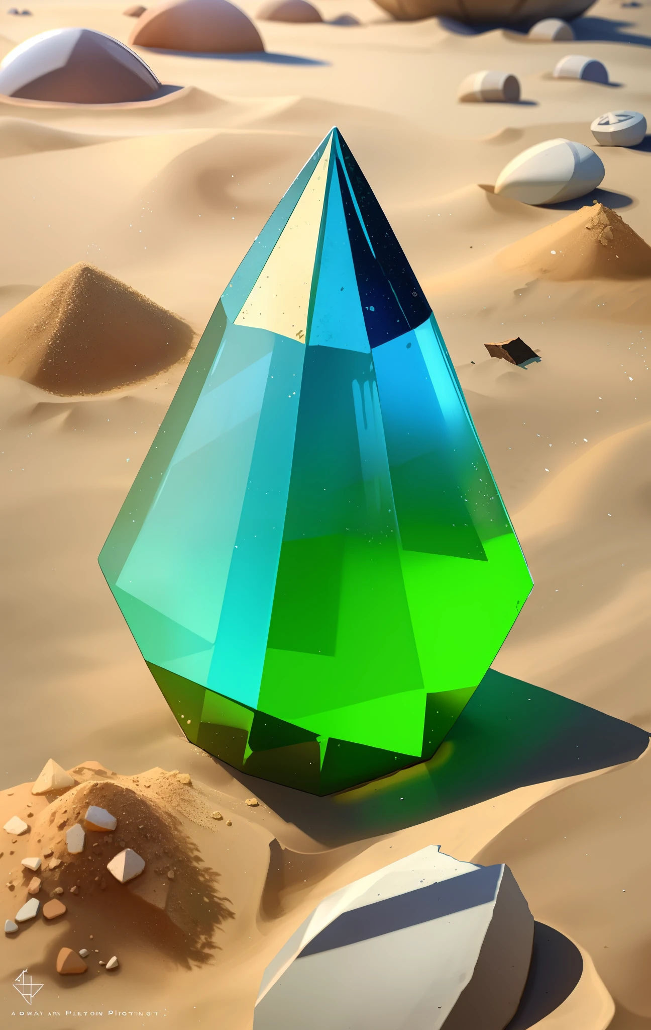 cristal verde fluorescente, in the sand and in pieces of broken pottery