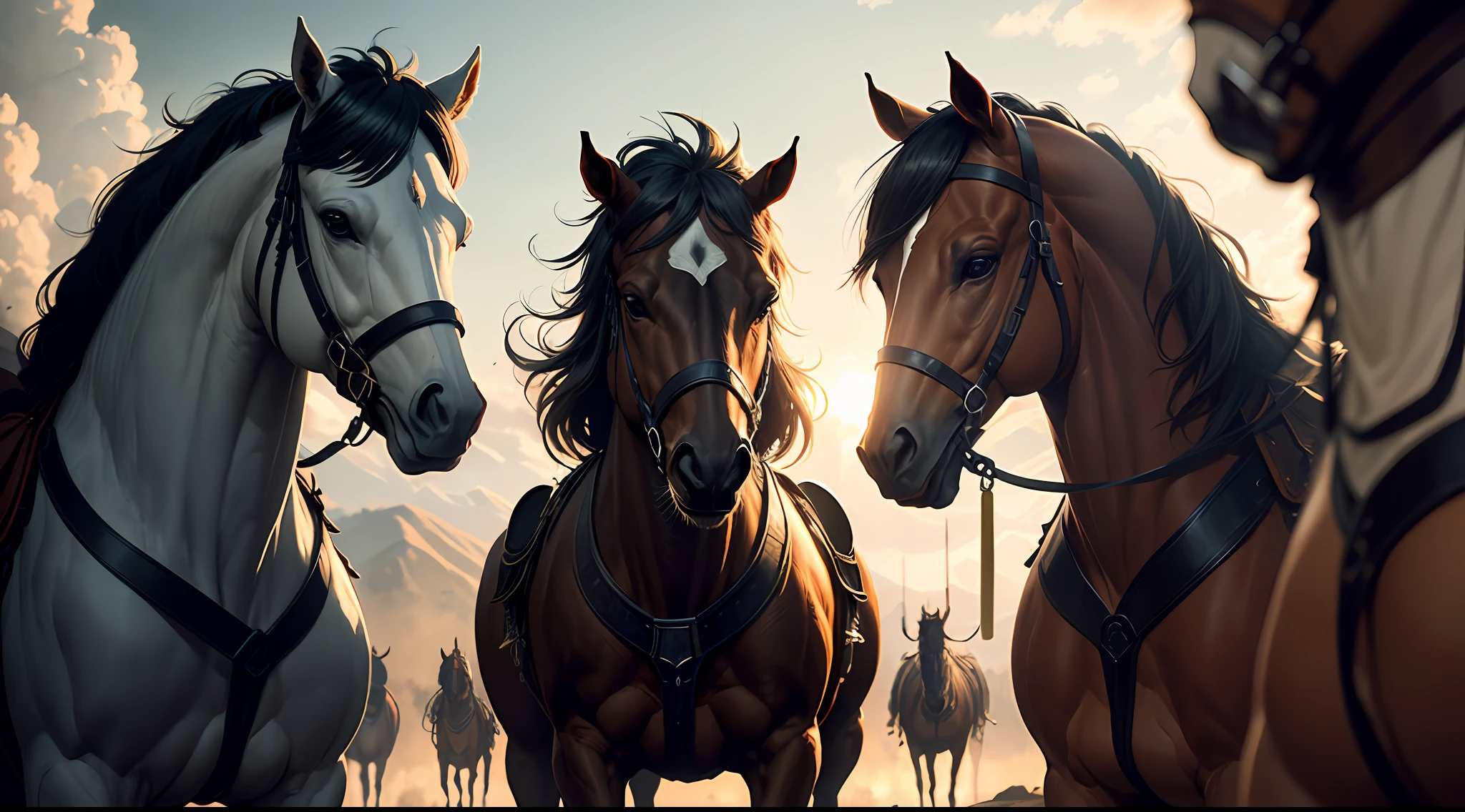 (Extreme Detail CG Unity 8K wallpaper, obra-prima, alta qualidade), (Exquisite lighting and shade, highly dramatic image, cinematic lens effect), 4 cavaleiros montados em cavalos branco, vermelho, preto e verde --auto