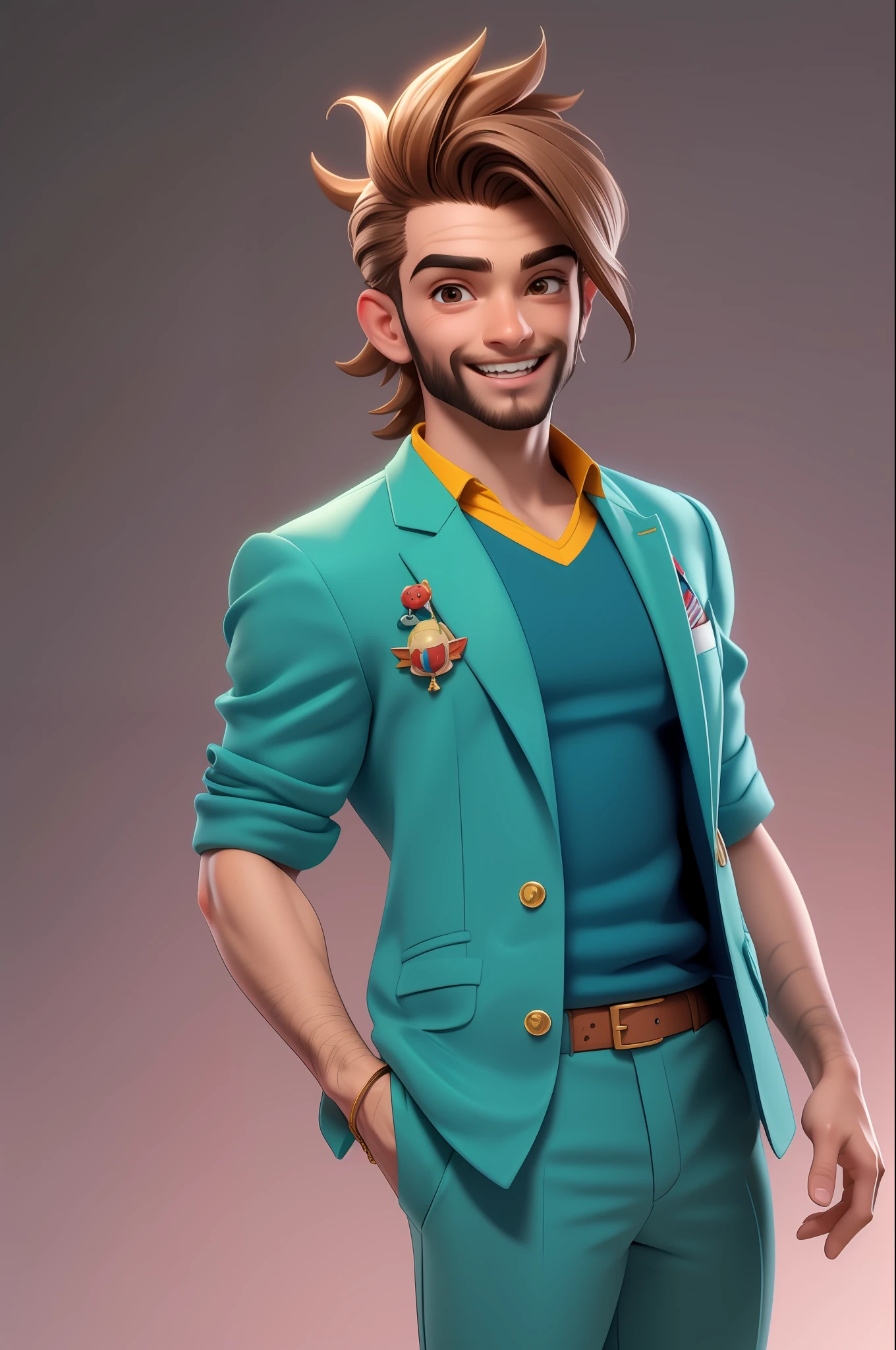 3dcharacter, (1man, 28 anos, masculino: 1.2), olhos castanhos, 1 man sorrindo mostrando os dentes, barba grossa ruiva, cabelo marrom, V-Neck Top, workbook in your hands, trajes sportivos, olhando para frente, obra-prima, melhor qualidade, (fundo academia: 1.1)