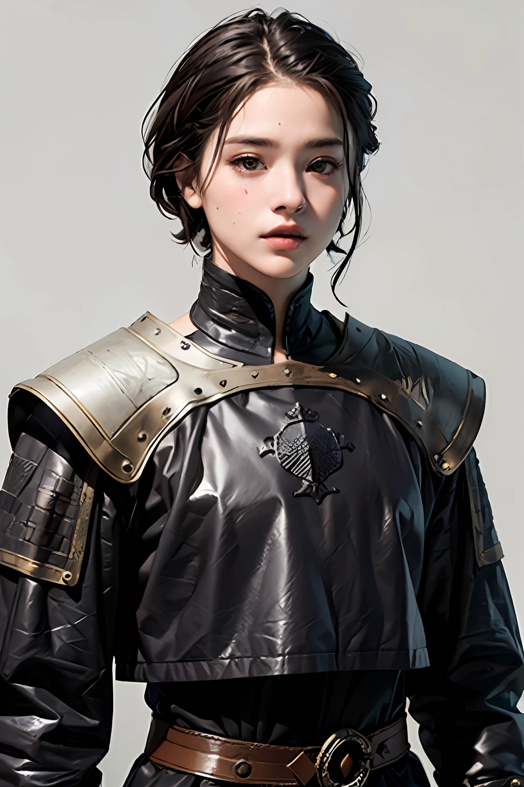 uma mulher jovem com cabelo preto, Estilo Game of Thrones,((Buzzcut)), medieval, masculine, androgynous, male clothes warrior