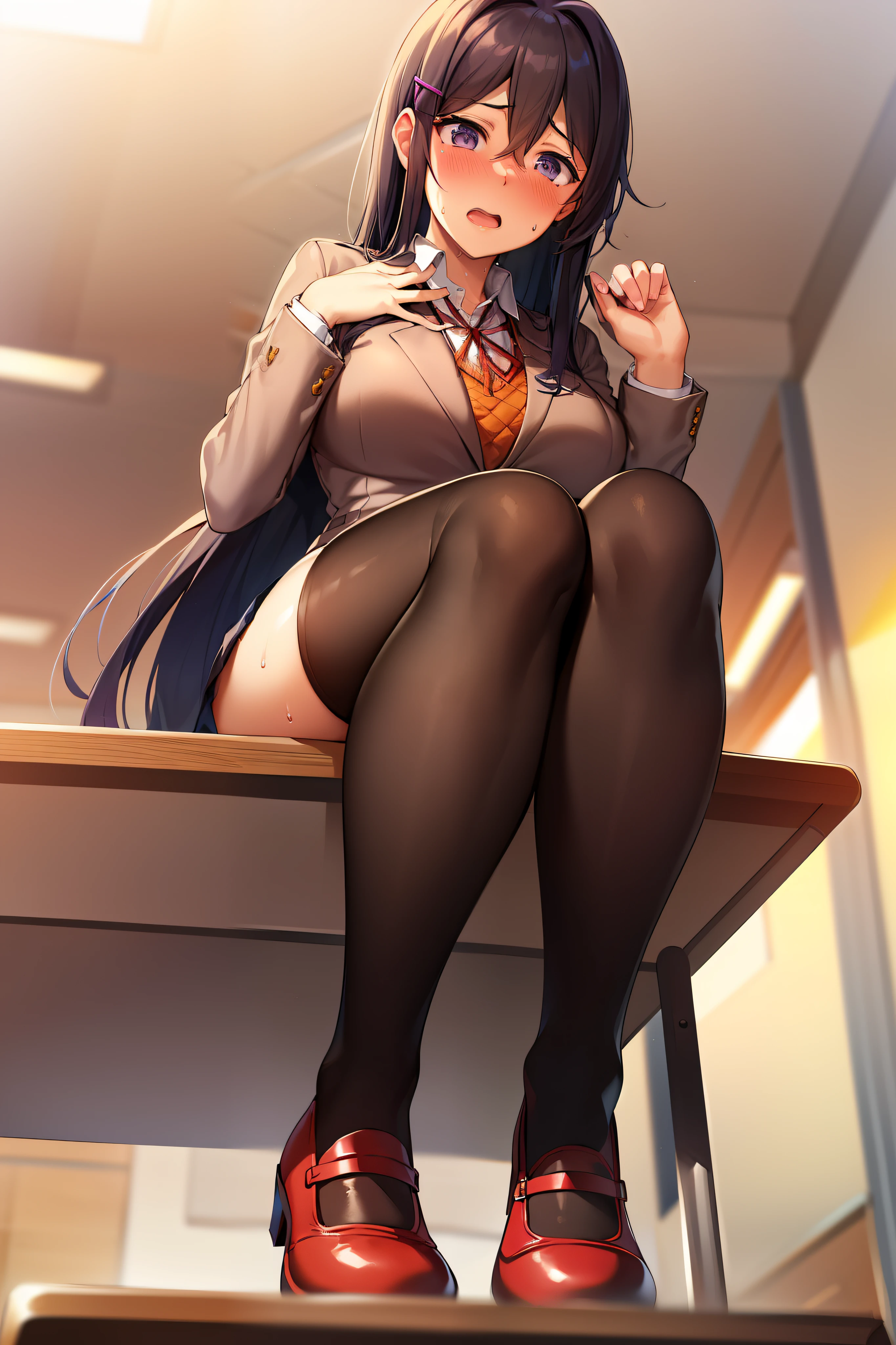 2d, masterpiece, best quality, anime, highly detailed, 1girl, solo, yuri, purple hair, purple eyes, hair between eyes, hairclip, very long hair, school uniform, straight-on, (full body:1.5), (from below:1.5), thick thighs, looking down at viewer, upskirt, (large breasts:1.3), field, (looming:1.3), mature female, high quality, hd quality, masterpiece, photorealistic, (presenting foot, shoe soles, close-up foot:1.3), intense angle, :d, (sitting on desk:1.6), very low angle, female pervert, toragao, (sitting:1.5), (white undershirt, orange sweater:1.2), (brown jacket:1.4), (absolute territory, black thighhighs:1.4), (uwabaki:1.5), full body in frame, (classroom, indoors:1.3), clasroom desk, blue skirt, (hand on desk:2), (one hand at side:1.6), (embarrassed, surprised, raised eyebrows:1.6), (sweat:1.2), anime girl sitting on a desk with her legs crossed, hyperrealistic schoolgirl, realistic schoolgirl, a hyperrealistic schoolgirl, seductive anime girl, smooth anime cg art, thighs close up, thighs!!!, beautiful anime girl squatting, commission for high res, large thighs, extremely detailed artgerm, sitting on a desk, on a desk, (hand on chest, resting hand on chest:1.1), (hand at side:1.3), closed mouth, frown, blazer, brown sweater, collared shirt, neck ribbon, blue skirt,
