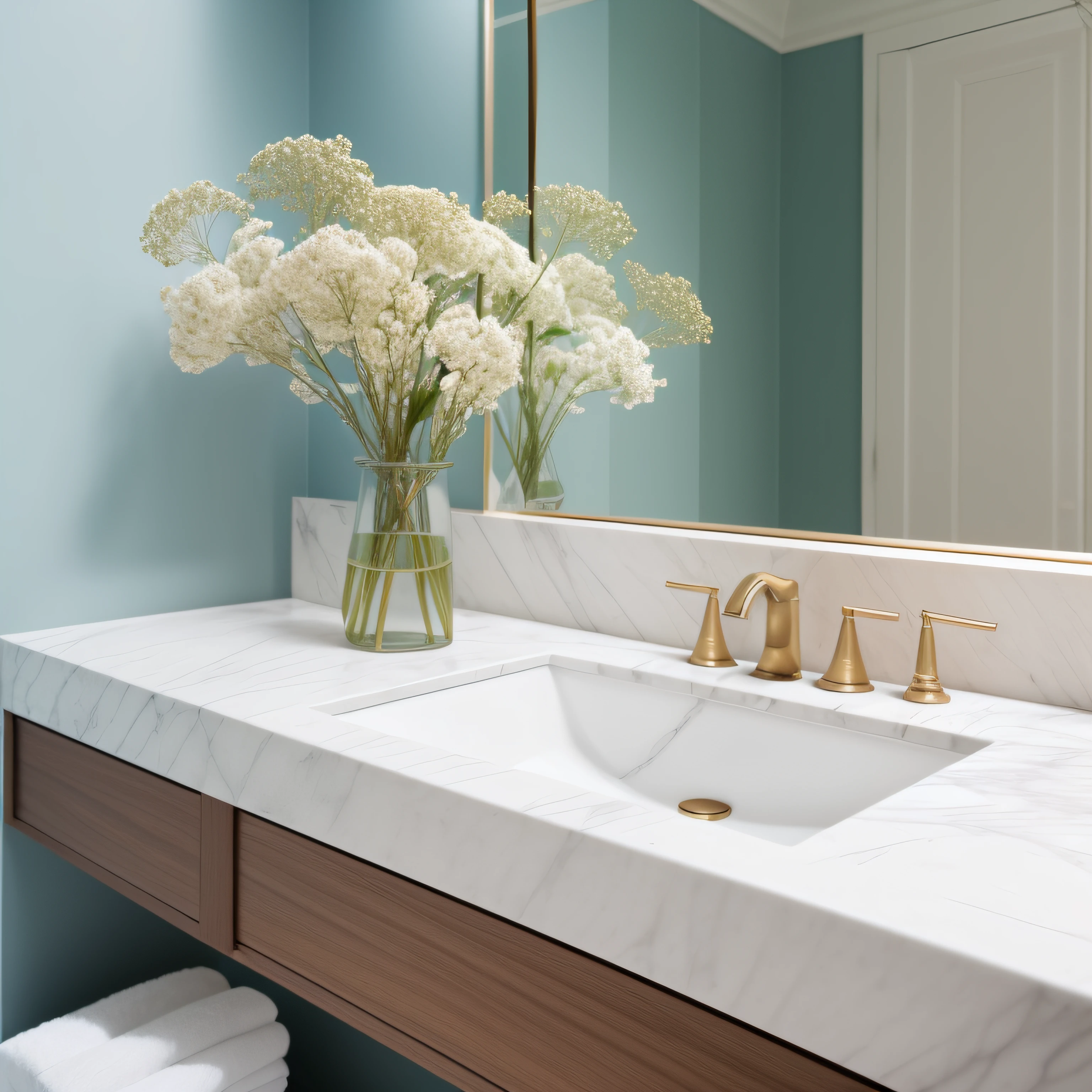 a marble bathroom counter with delicate white flowers, estilo ultrarrealista, Hotshoot, 55 mm, 8k, Vista superior, Nikon D850 |, 4 Kodak Portra 400 ,camera f1.6 lentes ,cores ricas ,hyper realistic ,textura realista, softlighting , cinestill 800, super detalhado