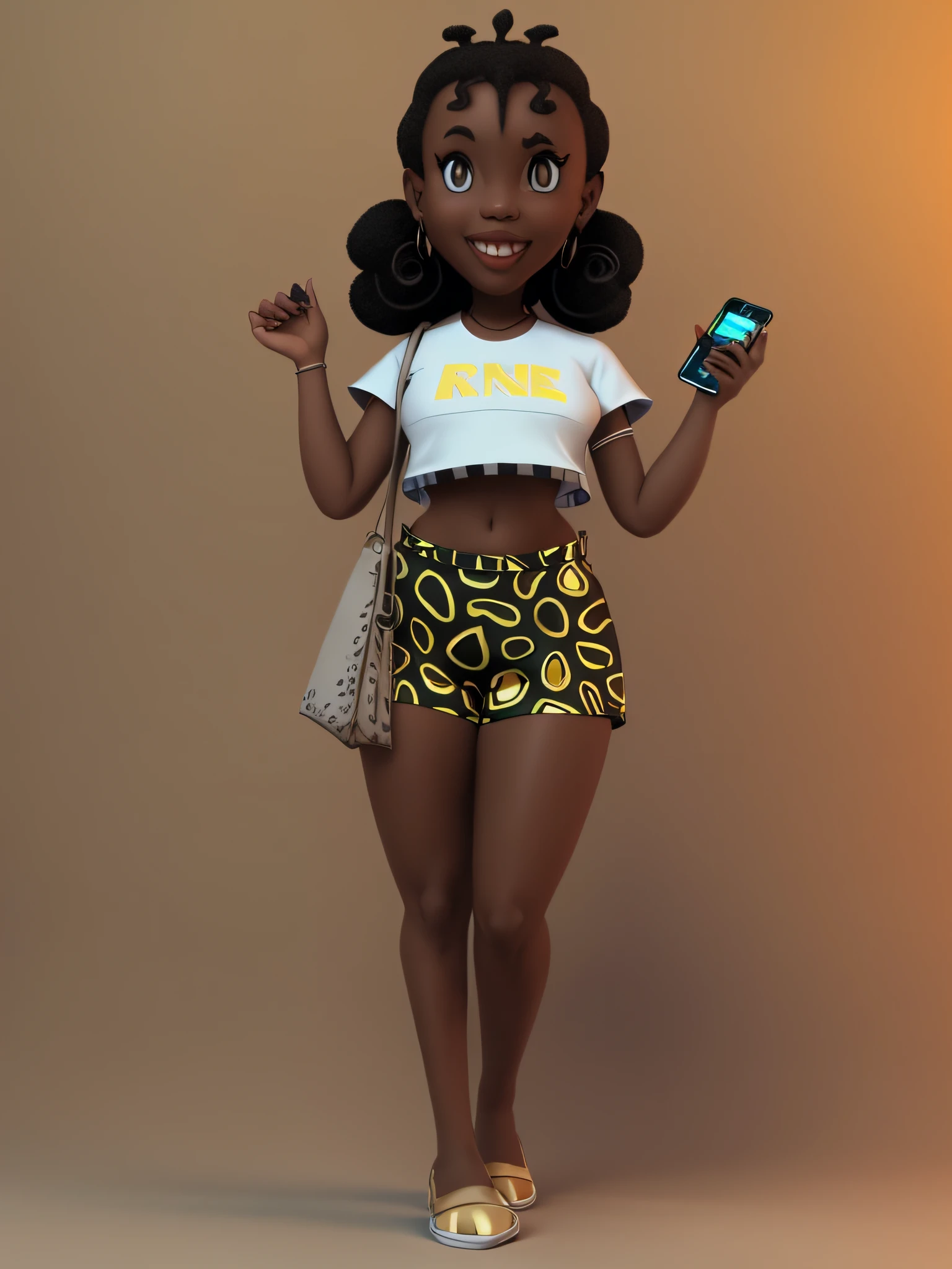 desenho 3D cheio de sombras de uma mulher em uma saia curta segurando um telefone celular, retrato de corpo inteiro de um curto!, arte dos desenhos 3D com shaders, O Sombreamento, em estilo cartoon, 3d-render, estilo dos desenhos animados, full-length rendering, estilo de arte dos desenhos 3D, Adolescente negro, Arte Oficial, Menina afro-americana, em estilo de arte digital 3D O Sombreamento, super bonito funky menina preta, Color rendering art, Arte Oficial, retrato de personagem de corpo inteiro , cinematiclighting, Hora de Ouro, studio illumination, ambient lighting, cores realistas --auto