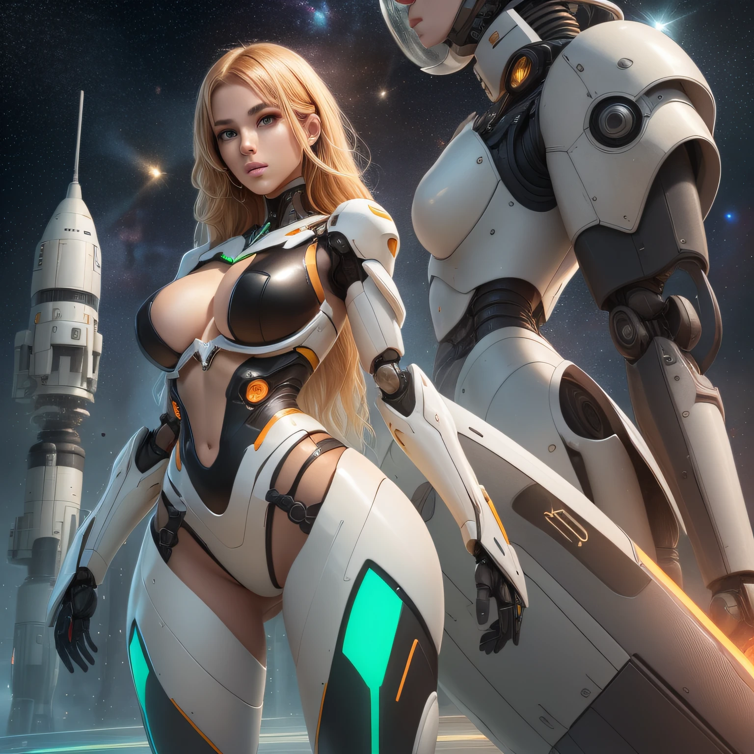 Masterpiece, 20 year old female, full body, blonde with orange hair, futuristic space orange black with tight body suit, slim waist, big breasts and big hips, next to her in the back a futuristic robot with missiles. Focus Face, Masterpiece, Best Quality, Movie, Official Art, Propaganda Art, Movie wallpaper, Highly Detailed CG Unified 4k Wallpaper, Intricate Details, White Background, , Concept Art, Production Art, (, High resolution, (realistic, photorealistic: 1.2), physics-based rendering, machinery, robotics, reflection, realistic, symmetrical light 1 girl, mecha, (Illustration: 1.1), slim, white skin, delicate face, king's robe, glow , stockings, (long blonde hair), green eyes, battlefield, Chip, Shine,