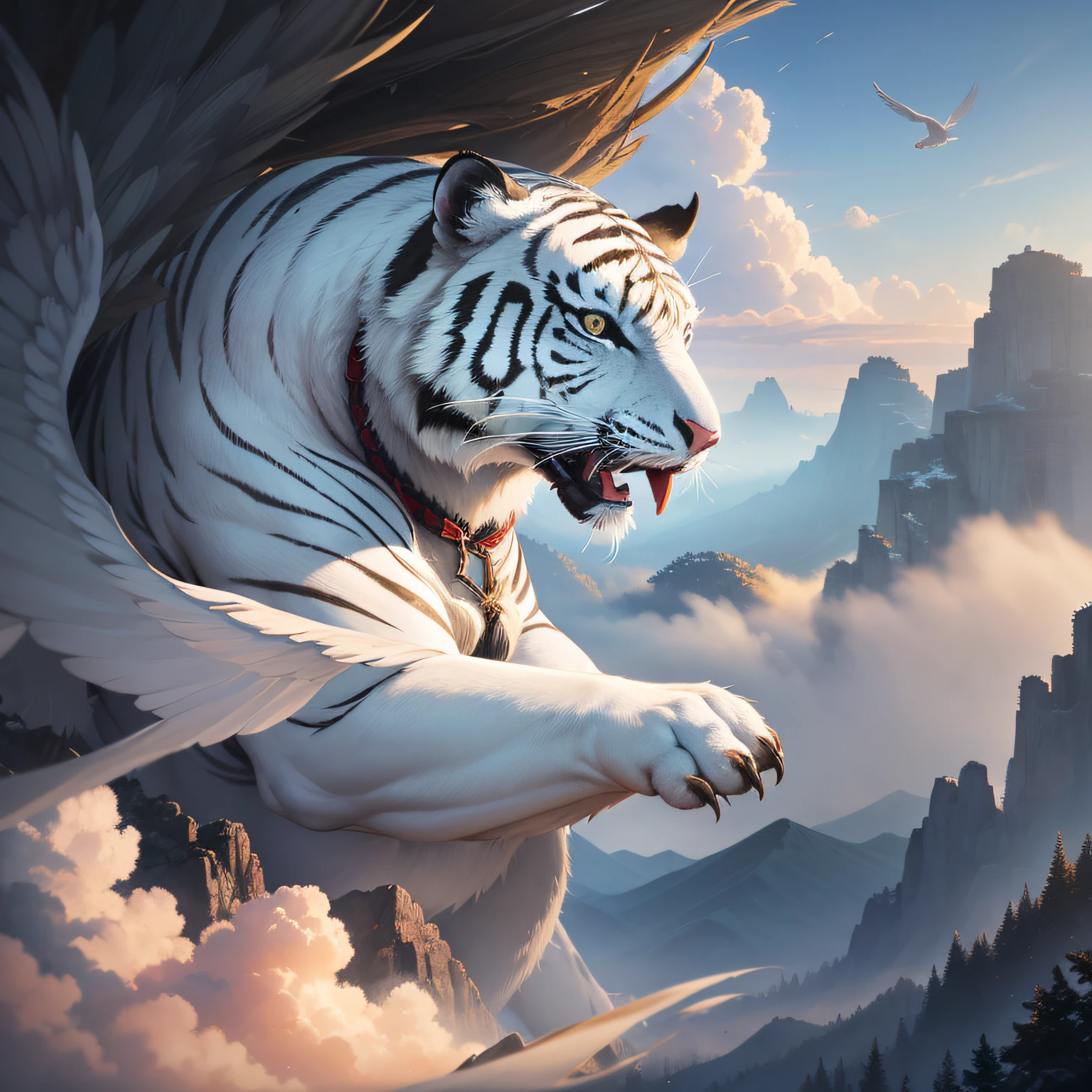 High image quality,with rich details), Under the special effects lens with a strong sense of technology, One with wings on its back，White tiger，Run through the mountains and forests, Ferocious roar，Auspicious clouds soar into the air, The landscape background is dreamlike, It's like a Chinese landscape in a picture scroll, Mysterious and beautiful。
