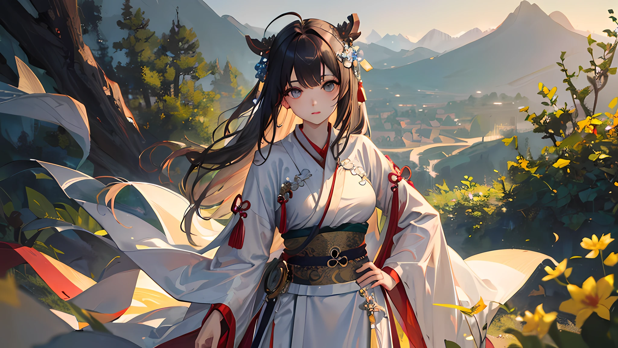 (masterpiece:1.5),(best quality:1.5),(ultra-detailed:1.5),illustration,cowboy shot,1girl,solo,(buildings),perfect face,lustrous skin,long hair,beautiful detailed eyes,beautiful flowing hair,(ru_qun:1.5),(hanfu:1.5),chinese clothes, white dress,white thighhighs, (bloom),lighting, ray tracing,outdoors, mountains, nature,hair ornament, hair ribbon,hand on hip,looking at viewer,ahoge,large breasts, (deep depth of field:1.5),hair ornament, forest,barefoot sandals