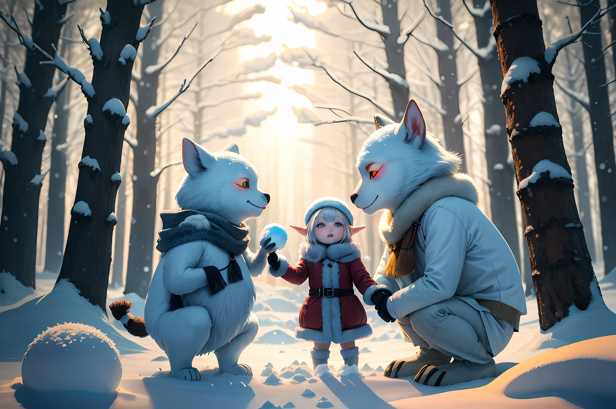 A magical forest, winter, snow blankets the ground, the trees are bare, pale-skinned frost elves in furs have a snowball fight, there is is glow and aura of bluish-silver light