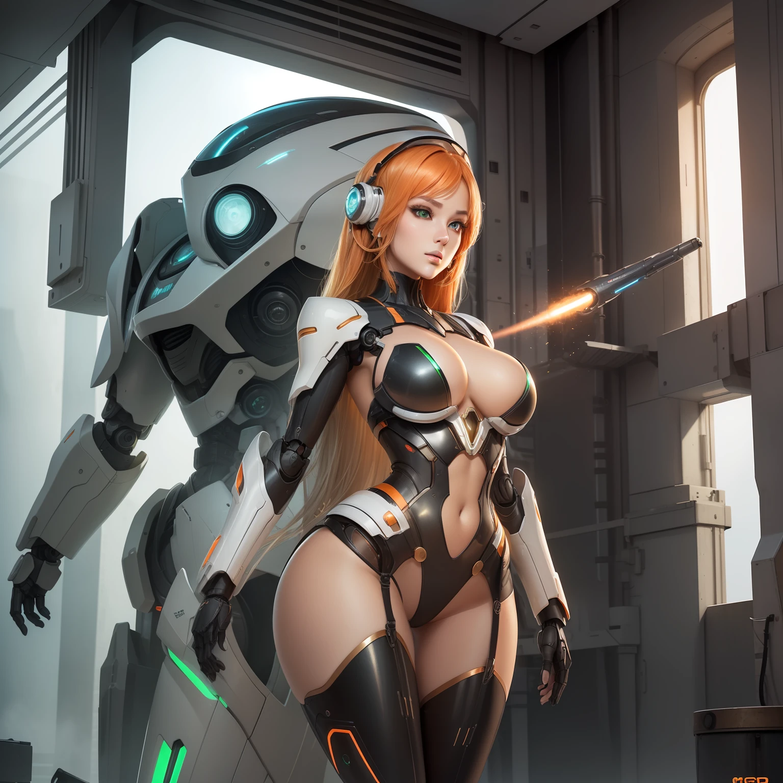 Masterpiece, 20 year old female, full body, blonde with orange hair, futuristic space orange black with tight body suit, slim waist, big breasts and big hips, next to her in the back a futuristic robot with missiles. Focus Face, Masterpiece, Best Quality, Movie, Official Art, Propaganda Art, Movie wallpaper, Highly Detailed CG Unified 4k Wallpaper, Intricate Details, White Background, , Concept Art, Production Art, (, High resolution, (realistic, photorealistic: 1.2), physics-based rendering, machinery, robotics, reflection, realistic, symmetrical light 1 girl, mecha, (Illustration: 1.1), slim, white skin, delicate face, king's robe, glow , stockings, (long blonde hair), green eyes, battlefield, Chip, Shine,