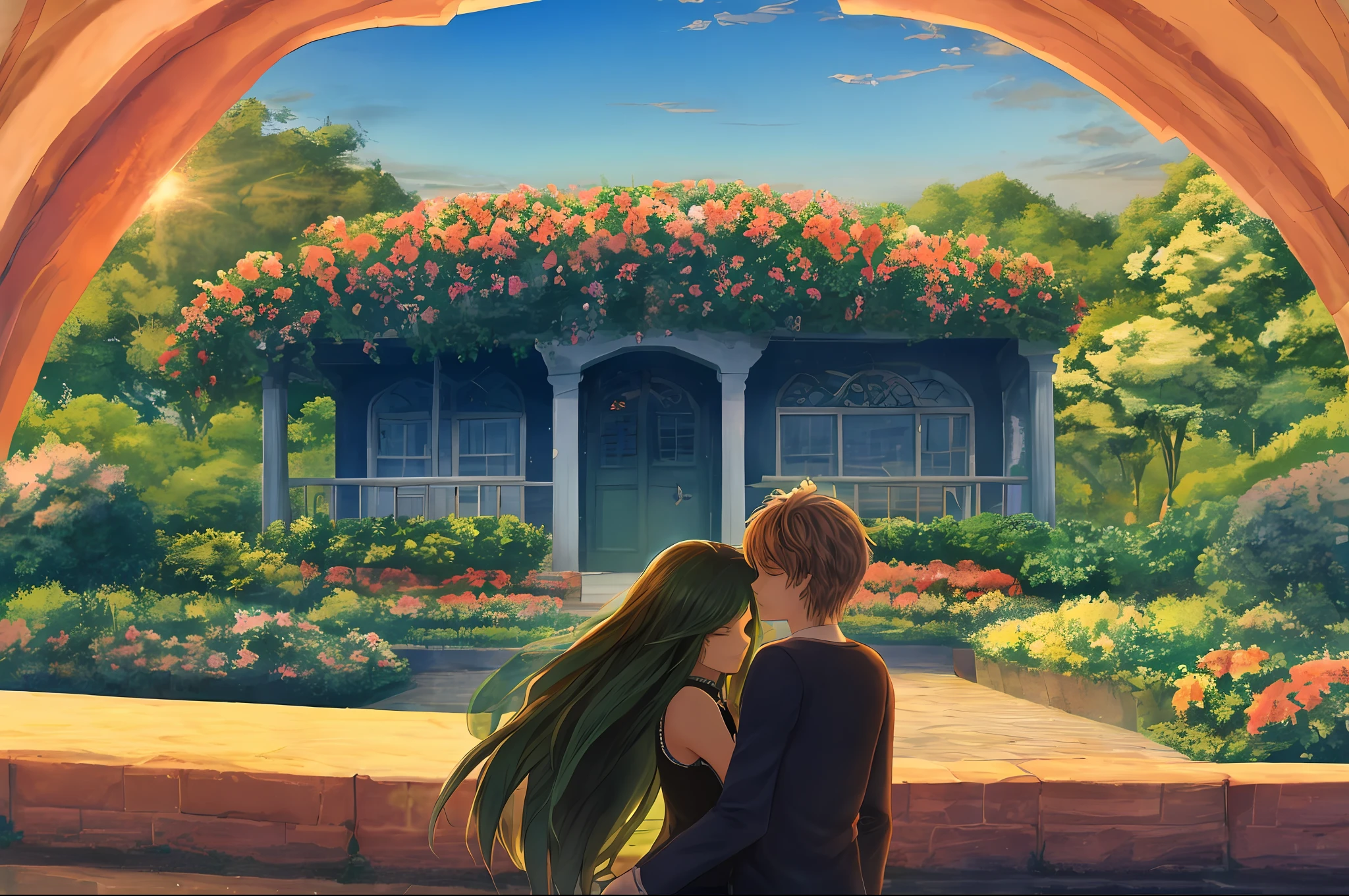 Gere uma imagem que retrate um amor vibrante e apaixonado. The scene is filled with warm and rich colors, symbolizing the intensity of emotions. Two figures are locked in a loving embrace, their body language radiating affection and connection. The background showcases a picturesque setting, such as a beautiful sunset or a blooming garden, aumentando ainda mais a atmosfera de amor. The composition and lighting highlight the depth and strength of the bond, conveying a sense of warmth and joy. The image captures the beauty and power of a love that is strong, apaixonado, e cheio de cores vibrantes