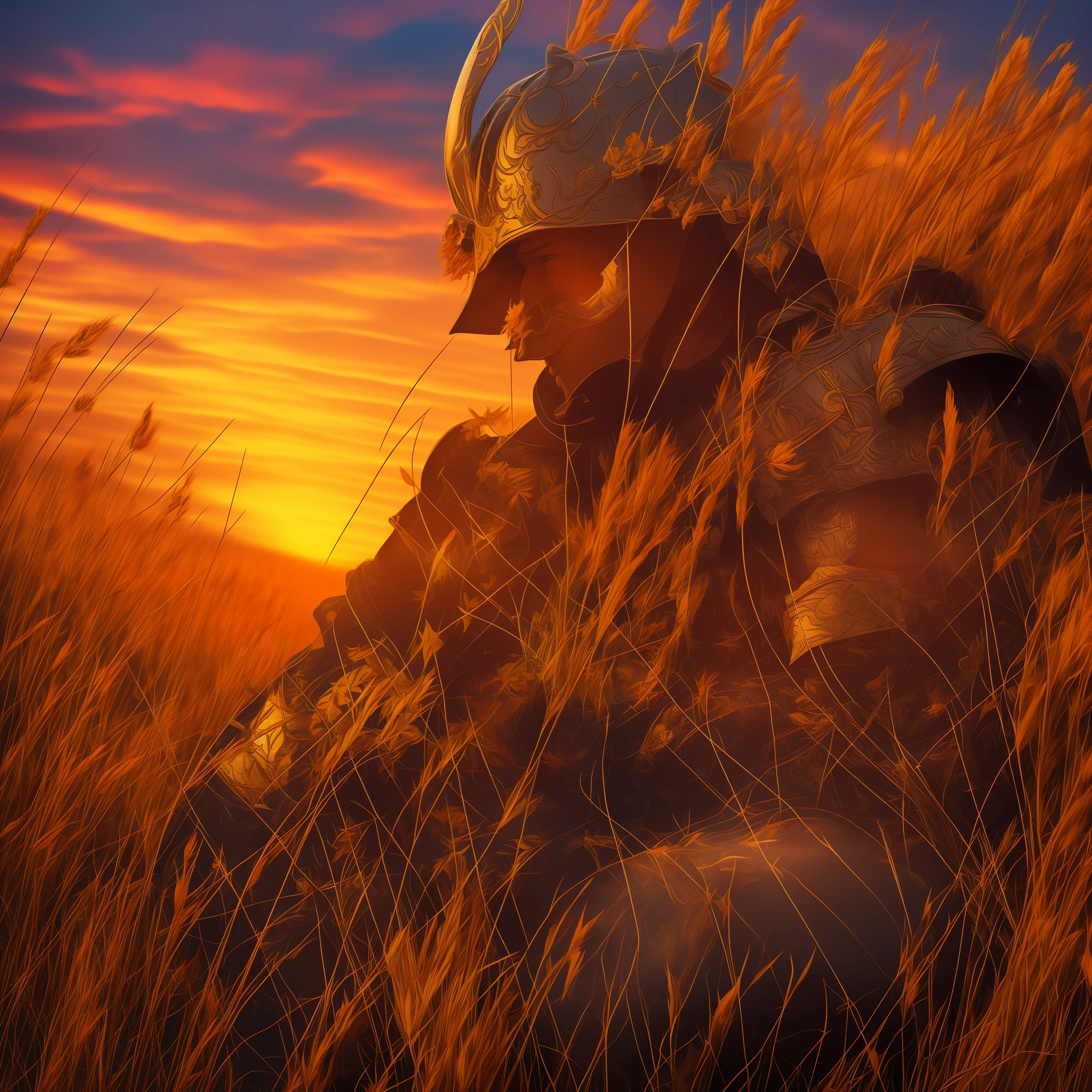 Best quality, masterpiece, great details, 8k, realistic, samurai . Clothes: red armor, worn off , battle marks, 2 swords , blood on sword, chipped away . Background: fall , sunset , wheat field , red leaves .