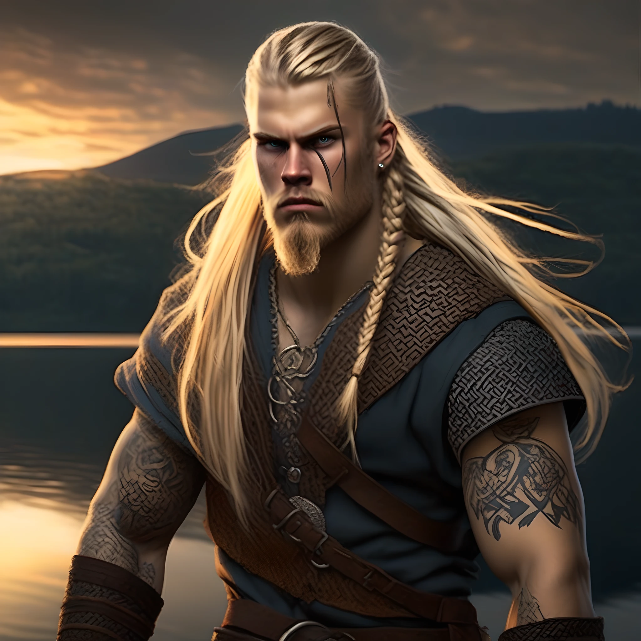 masterpiece, young Swedish man, viking, (((handsome face))), blond hair, braids, ((war tattoos)), angry face, beautiful viking warriors clothes, viking outfits, ((full-length)), detailed, sharp, extreme detailed face, extreme detailed body, a lake in the sunset in the backgrond, by greg rutkowski, (((8K))), (((sharp focus))), trending on artstation, focus negative prompt
