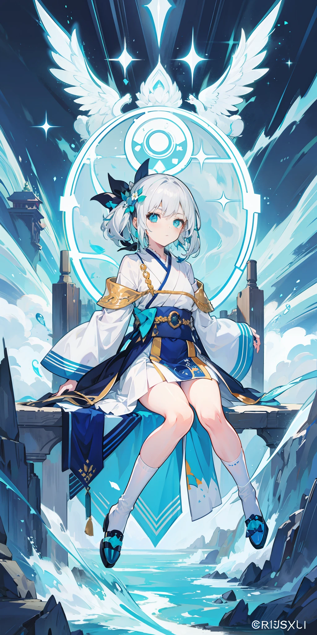 Silver hair, Hair ribbon, Hair bow, hair flower, aqua eyes, Blue eyes, surrealism, Anime style, tachi-e, Whole human body, 8K, Super detail, ultra high def, ccurate, retinas,shoe,Short socks