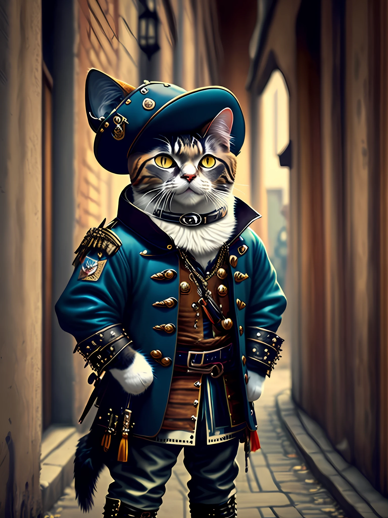 picture of a cat as a musketeer, art station trend, dressed in punk clothes, hyper realistic detailed rendering, british gang member, urban style, intimidating pose, planet of cats, fashion clothes, urban musketeer, meow, west slavic traits, 8 1 5