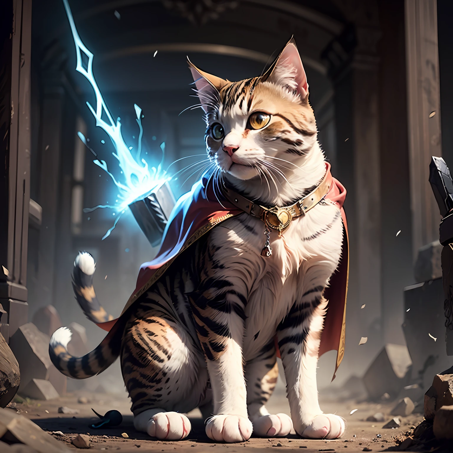 Imagine an adorable cat, com pelagem macia e olhos brilhantes, dressed in a miniature of Thor's iconic outfit. The outfit consists of a red costume and blue cape, imitating the uniform of the mighty hero. The kitten is elegantly dressed, displaying an air of confidence and bravery.
And as if that wasn't enough, this cat is holding the Mjolnir, Thor's legendary hammer. O pequeno felino agarra o martelo firmemente com suas patinhas, demonstrating an astonishing strength and determination for such a lovely being.
Combining the irresistible cuteness of a cat with the grandeur and symbolism of Thor, This scene would surely delight all animal lovers and superhero fans. It's a worthy image of a true feline warrior with superhuman abilities! --auto