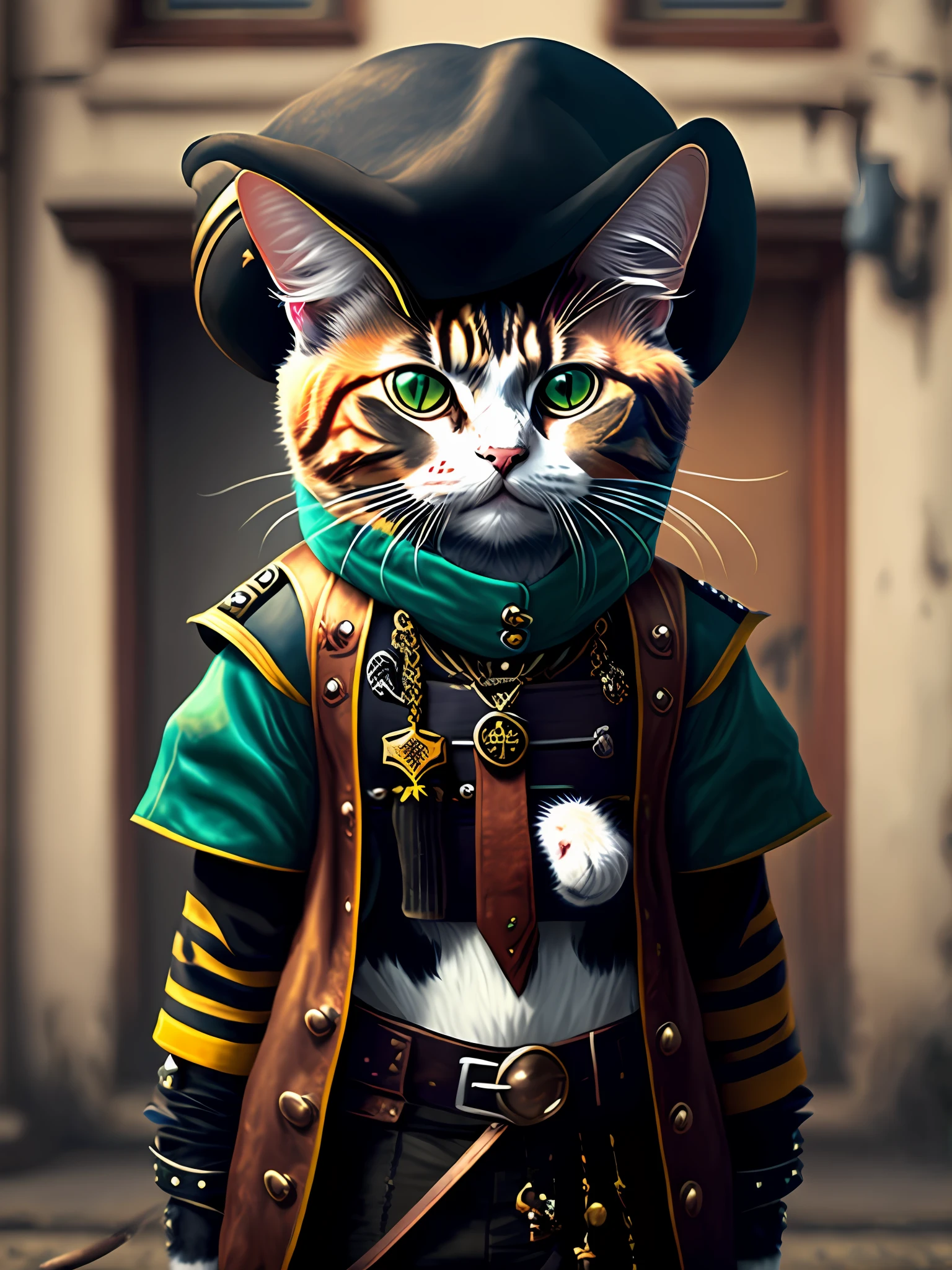 picture of a cat as a musketeer, art station trend, dressed in punk clothes, hyper realistic detailed rendering, british gang member, urban style, intimidating pose, planet of cats, fashion clothes, urban musketeer, meow, west slavic traits, 8 1 5