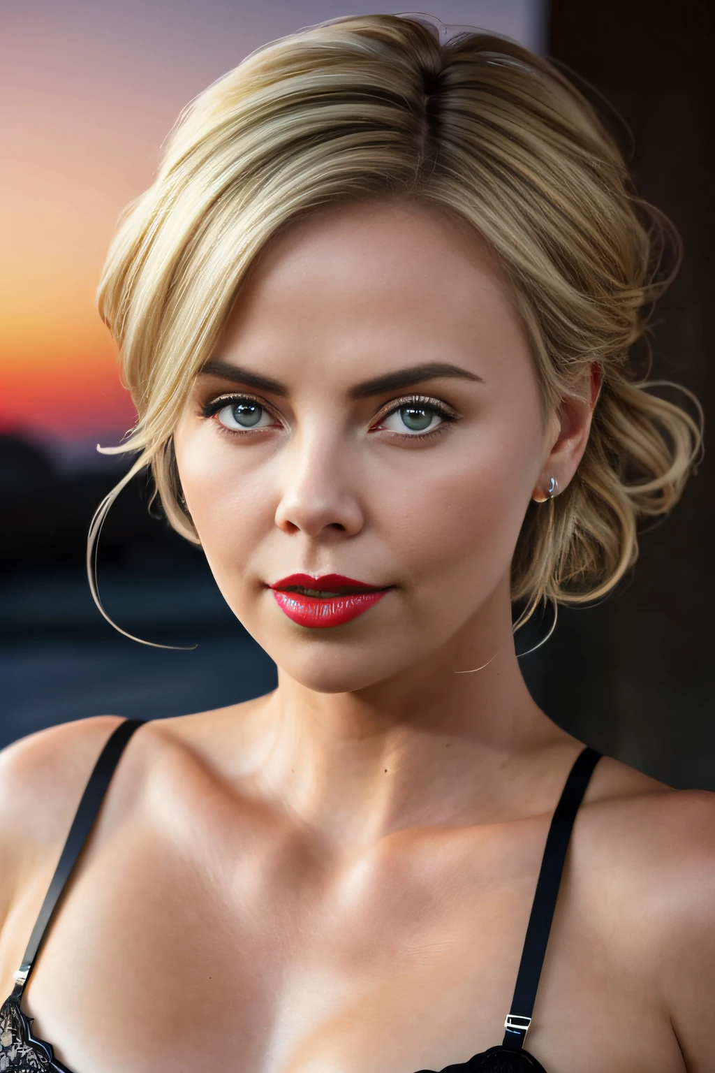 photo of beautiful young woman Charlize Theron 1990s, (full body), blonde hair, lingerie, posing for a photo, Sexy girl, lovely woman, pretty woman, beautiful woman, stunning woman, casual pose, beautiful girl , attractive girl, sexy look, pretty girl, beautiful picture, (red lips lipstick), elegant makeup, sunset, style by (Steve McCurry), Nikon Z FX Device, Spring EF 70mm, cinematic lighting, studio backdrop, style long exposure, long shot type, vibrant color scene, photorealistic, intrinsic, beautiful face, ultra-detailed face, perfect body, full body, Flawless, realistic, highly detailed, art station, trend, master piece, realistic face, realistic skin, detailed eyes, great art, ultra realistic n-9 render, 4k, 8k, 16k, 20K, HDR, UHD, 64k, perfect lighting, studio lighting, photorealistic, hyper realistic, symmetrical face, unreal engine, Bokeh, High resolution scanning, professional photography