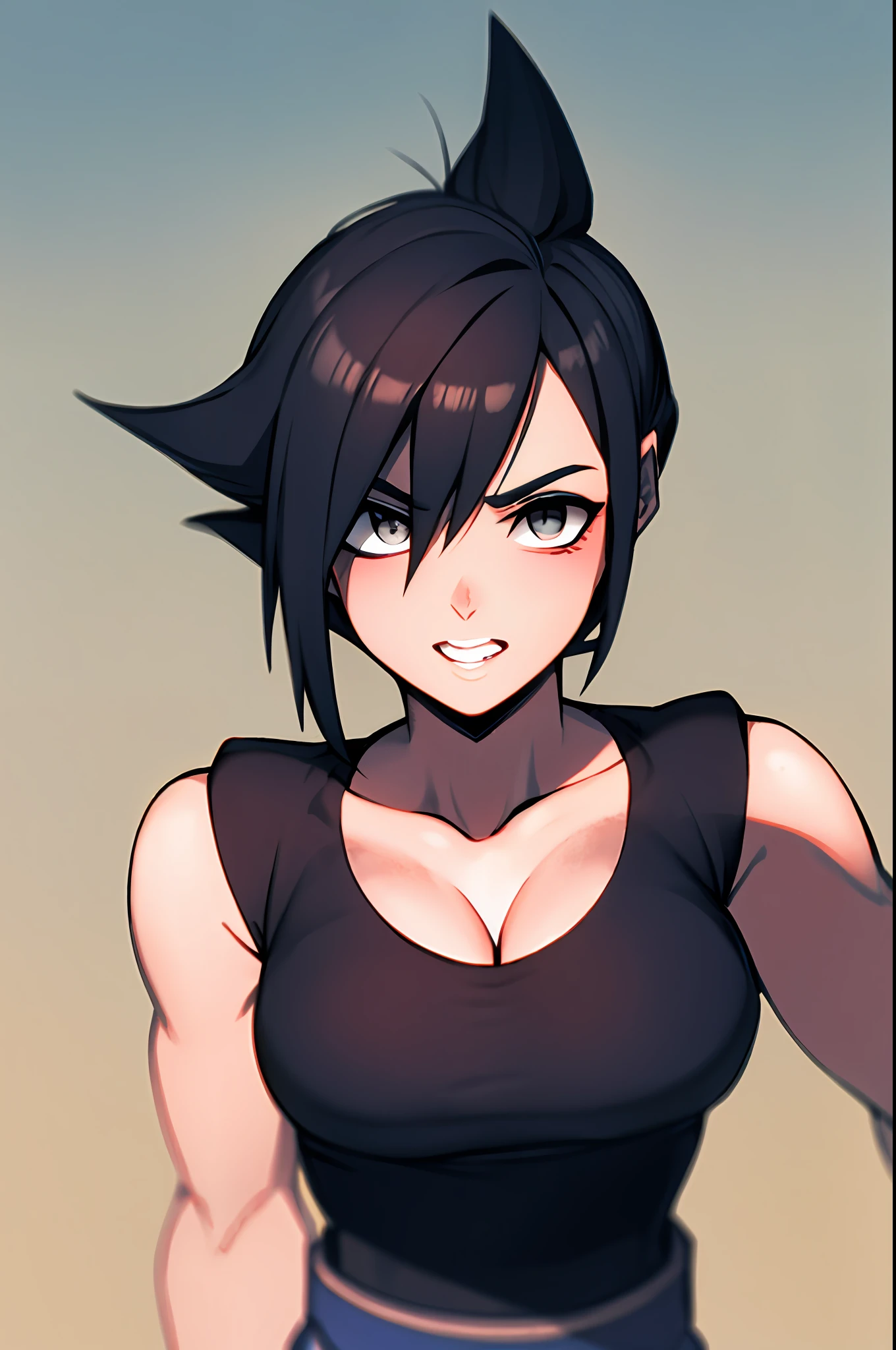 Sarada Uchiha, Girl, brava, dano de batalha, cabelo preto, faixa azul, dentes cerrados, furiosa, olhos vermelhos, foco feminino, musculosa, girl musculoso, faixa, solo, super saiyan, dentes, pulseira, ((obra-prima))