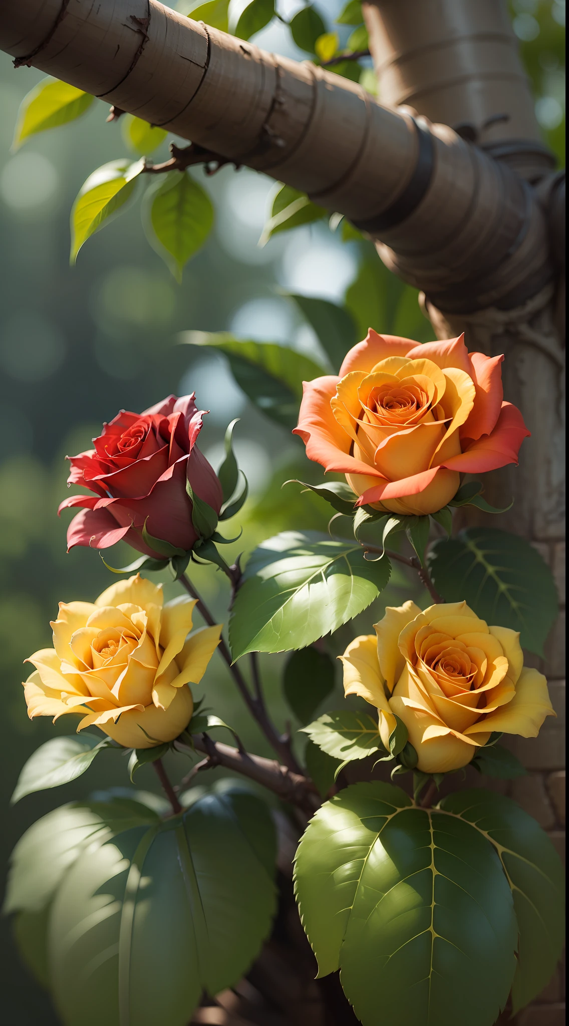 Three red roses, three yellow roses in tree,rose,dark background,high resolution,high quality