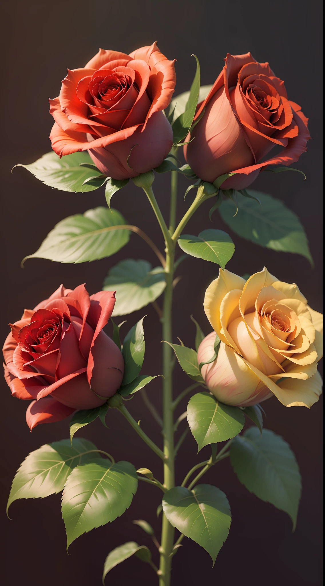 Three red roses, three yellow roses in tree,rose,dark background,high resolution,high quality