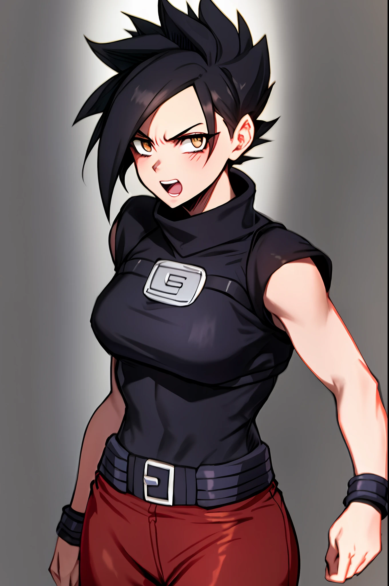 Sarada Uchiha, Girl, brava, dano de batalha, cabelo preto, faixa azul, dentes cerrados, furiosa, olhos vermelhos, foco feminino, musculosa, girl musculoso, faixa, solo, super saiyan, dentes, pulseira, ((obra-prima))