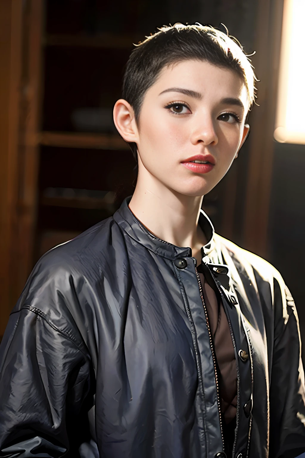uma mulher jovem com cabelo preto, Estilo Game of Thrones,((Buzzcut)), medieval, Macho, androgynous, guerreiro de roupas masculinas