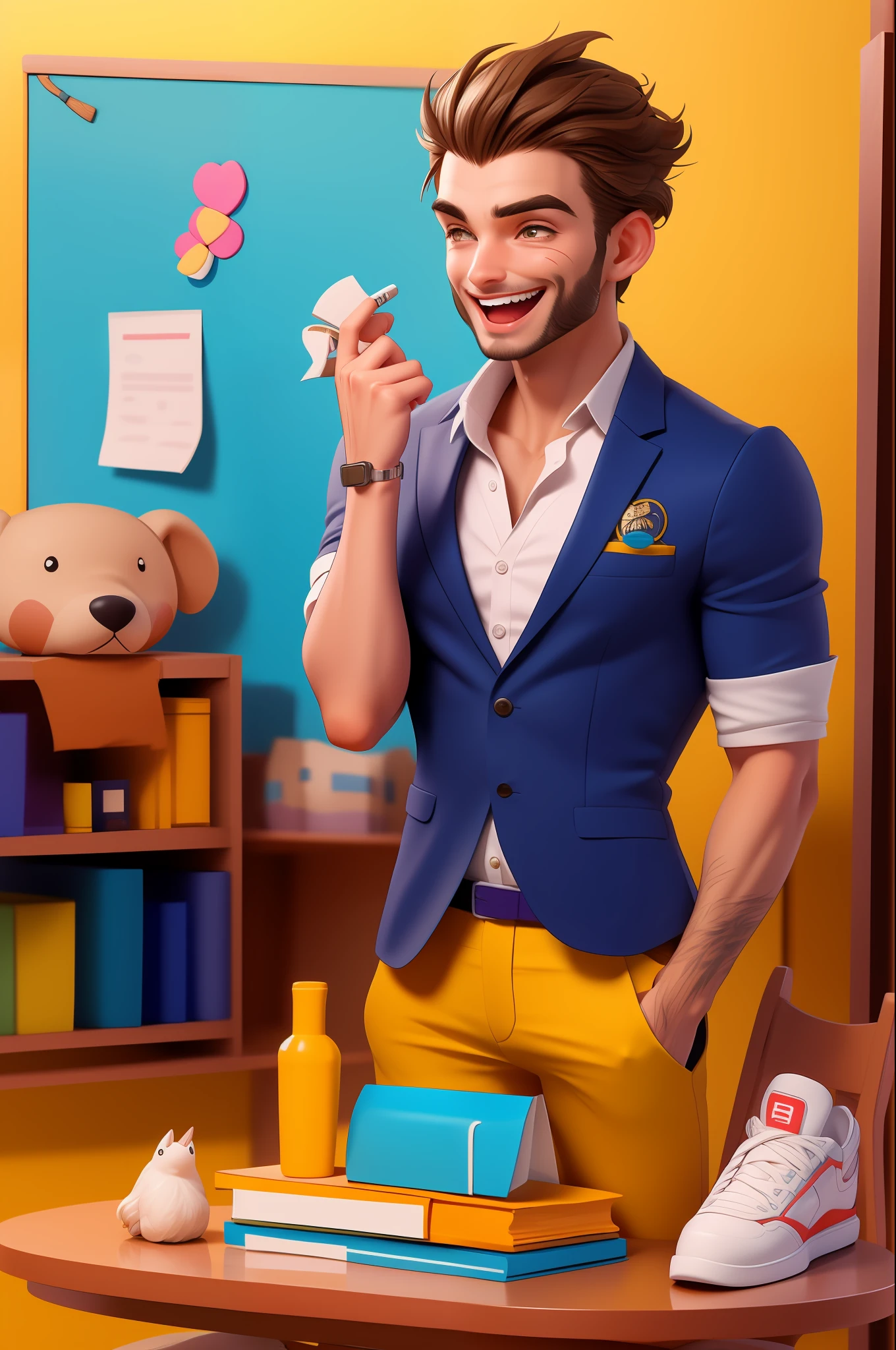 3dcharacter, (1man, 28 anos, masculino: 1.2), olhos castanhos, 1 man sorrindo mostrando os dentes, barba grossa ruiva, cabelo marrom, V-Neck Top, workbook in your hands, trajes sportivos, olhando para frente, obra-prima, hands on the face of so much laughing, melhor qualidade, (fundo academia: 1.1)